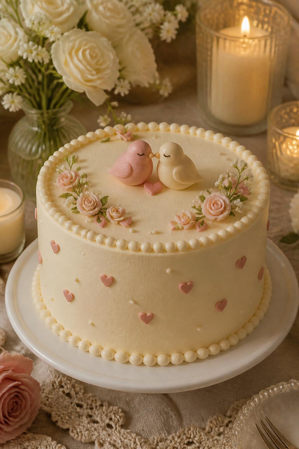 Image Prompt: A sweet 2 year anniversary cake with smooth cream buttercream, two tiny sugar lovebirds on top, small heart details, soft floral accents, and pearl piping around the edges. Style it on a cozy dessert table with candles, white flowers, and warm neutral decor. Make it charming, romantic, and realistic, no people, no faces, no text overlay, no watermark. (no watermarks on images)