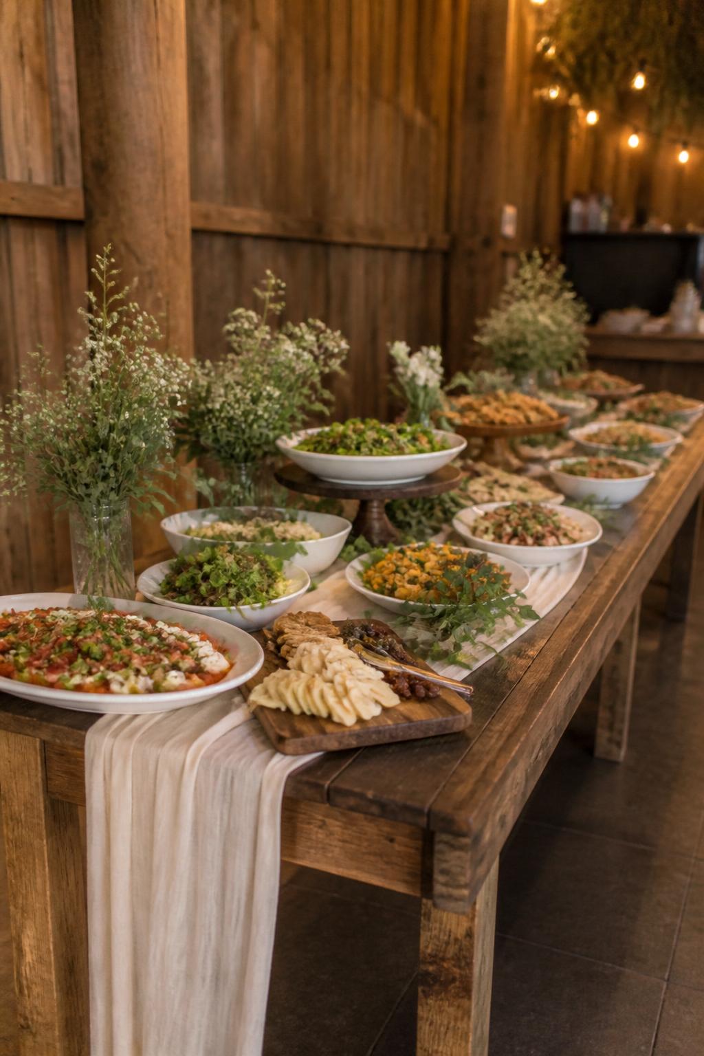 Image Prompt:
A charming rustic wedding buffet table made from a long wooden farm table, styled with an ivory linen runner, white ceramic serving platters, greenery, small wildflower arrangements, wooden serving boards, and warm barn lighting. No visible faces, no text, no watermark, realistic DSLR editorial wedding decor photography.