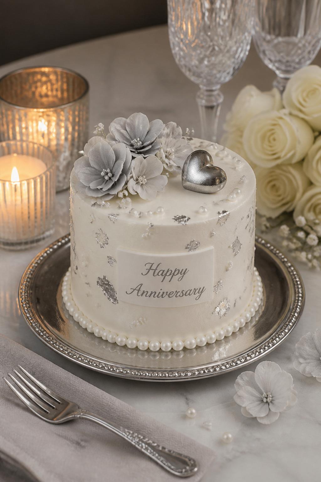 Image Prompt: A refined mini anniversary cake with smooth white buttercream, soft silver leaf accents, pearl borders, pale gray flowers, and a small silver heart topper. Style it on a silver dessert plate with candles, crystal glasses, white roses, and soft neutral decor. Make it elegant, graceful, and realistic, no people, no faces, no watermark. (no watermarks on images)