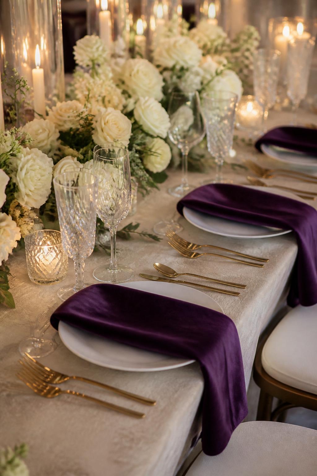 Image Prompt:
A close editorial wedding table photo showing purple velvet napkins placed over white plates, paired with low ivory floral arrangements, gold flatware, crystal glasses, and warm candlelight. Elegant indoor wedding reception setting, no visible faces, no text, no watermark, realistic professional wedding photography, (no watermarks on images)