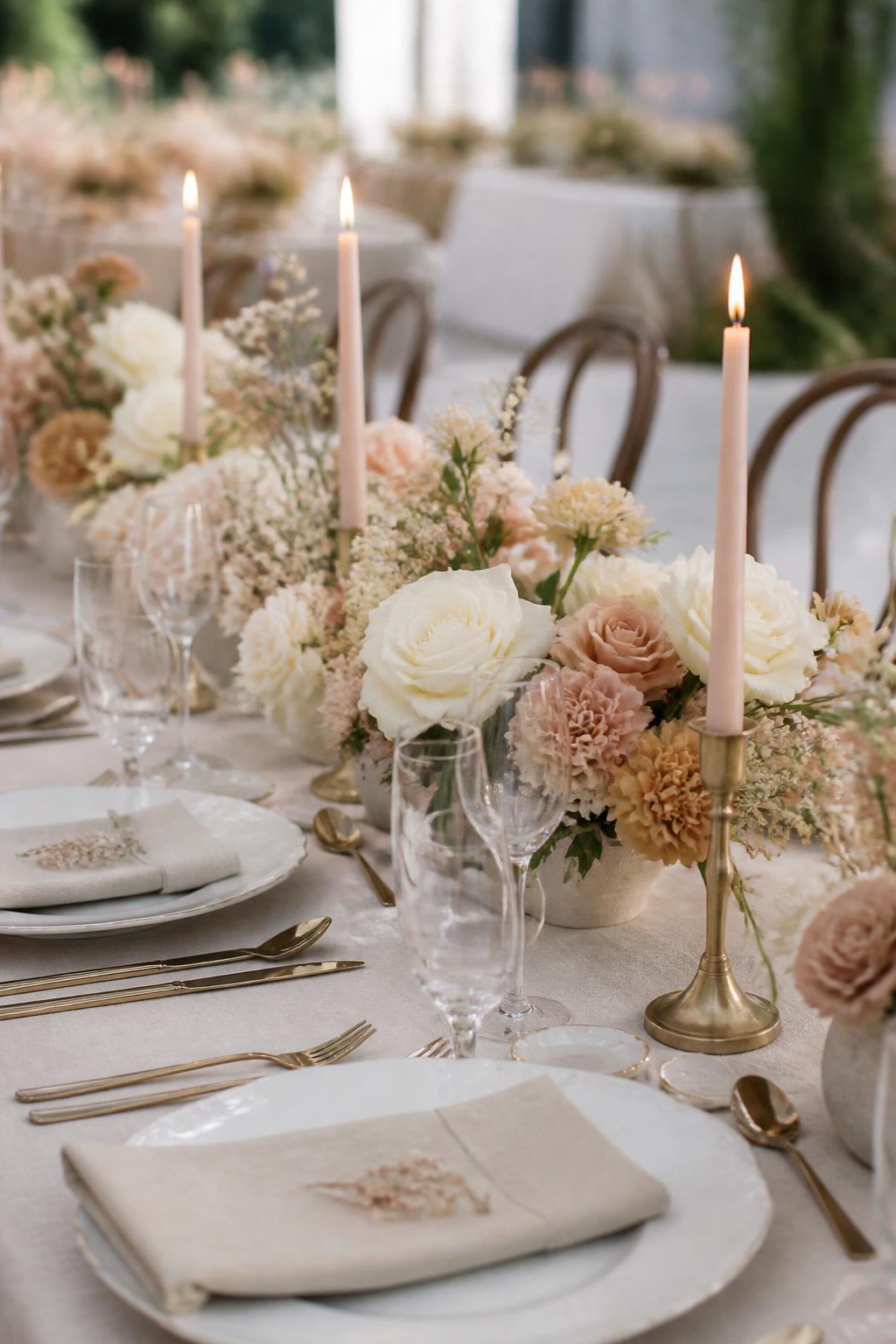 A refined wedding table photo showing soft pink taper candles in elegant holders, neutral floral arrangements in ivory, beige, and blush, white plates, linen napkins, clear glasses, and polished flatware. Romantic indoor or outdoor wedding reception setting, no visible faces, no text, no watermark, realistic DSLR photography, (no watermarks on images)