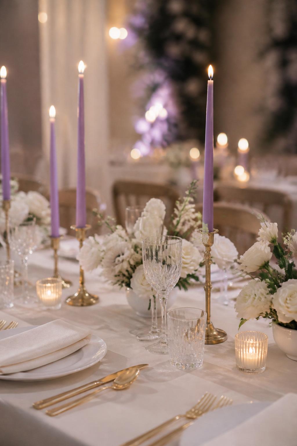 Image Prompt:
A refined wedding table photo showing soft purple taper candles in elegant holders, neutral ivory linen, white plates, low white floral arrangements, clear glasses, gold flatware, and soft candlelight. Romantic reception setting, no visible faces, no text, no watermark, realistic editorial wedding photography, (no watermarks on images)