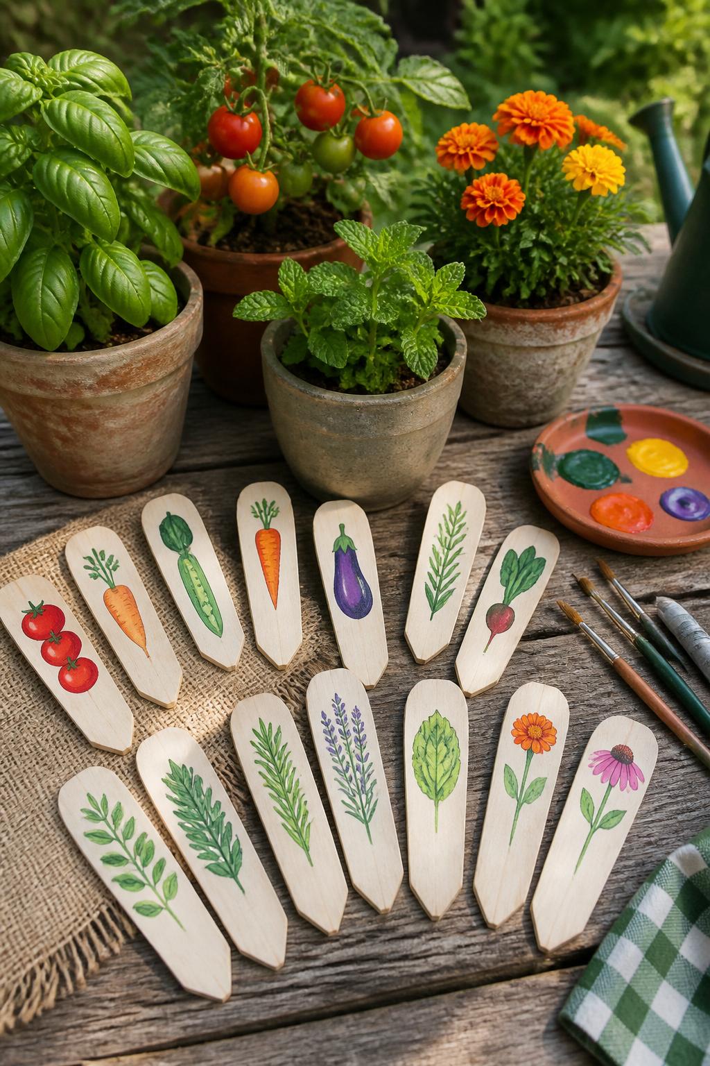 Detailed Image Prompt:
A fresh summer garden craft photo showing painted wooden garden markers, flat wooden stakes painted with small vegetable, herb, and flower illustrations, arranged beside potted basil, tomatoes, mint, and marigolds, paintbrushes and paints on a rustic outdoor table, charming backyard garden styling, no people, no faces, no readable text, no watermark on images.