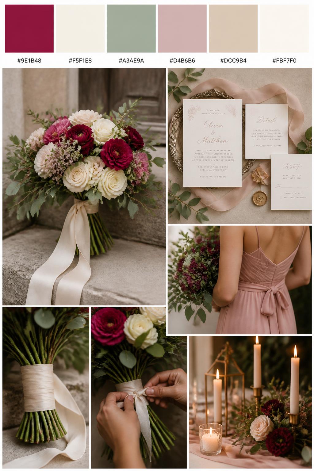 Image Prompt:
A realistic wedding inspiration mood board with a top row of swatches and small hex codes in raspberry, ivory, sage green, dusty blush, warm beige, and soft cream. Under the palette strip, show a polished collage of a raspberry and ivory bridal bouquet, soft greenery, ribbon-wrapped stems, elegant paper goods, a cropped bridesmaid dress image from the neck down, hands tying ribbon around a bouquet, and a romantic no-people styling scene with candles and floral accents. Use only back views, side views, detail crops, and no-people decor scenes to avoid face issues. DSLR-style realism, 9:16 vertical format. (no watermarks on images)