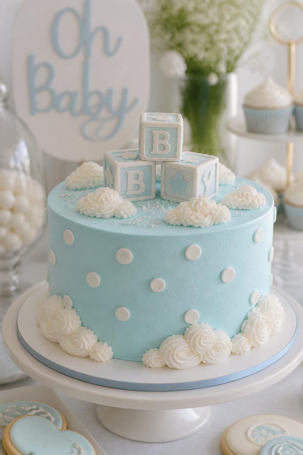 Detailed Image Prompt:
A soft blue baby shower cake with smooth pale blue buttercream, white polka dots, fluffy cloud-style piping, tiny fondant baby blocks on top, styled on a light baby shower dessert table with soft neutral decorations, realistic DSLR cake photography, no people, gentle natural light, no watermarks on images.