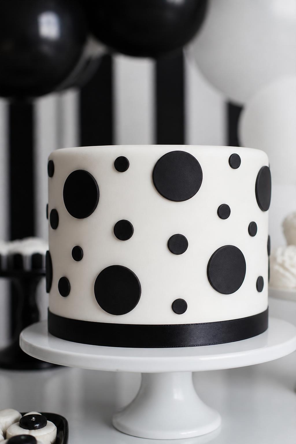 Detailed Image Prompt:
A stunning black and white polka dot cake with smooth white fondant, evenly placed black fondant dots in different sizes, clean sharp edges, a simple black satin ribbon around the base, displayed on a white cake stand against a modern party backdrop, elegant editorial cake photography, no people, realistic DSLR photo, crisp lighting, high-detail fondant texture, no watermarks on images.