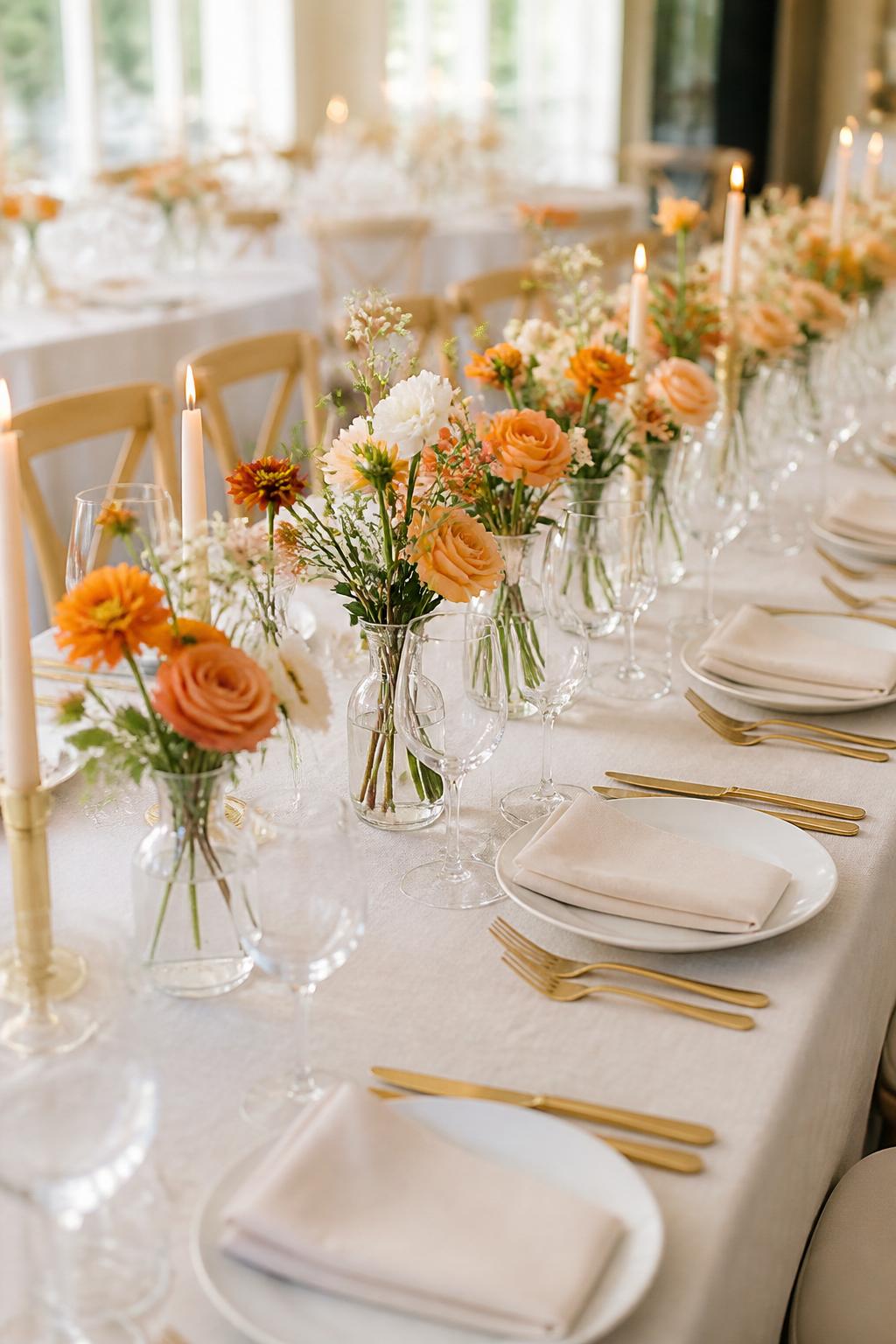 Image Prompt:
A clean wedding reception table showing a neat line of small clear bud vases, each filled with orange flowers in peach, apricot, and burnt orange tones, mixed with a few white blooms and greenery. Add ivory linen, white plates, gold flatware, clear glasses, and slim candles. Bright elegant reception setting, no visible faces, no text, no watermark, realistic editorial photography, (no watermarks on images)
