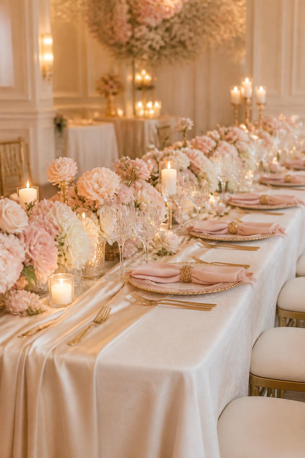 Image Prompt:
An elegant wedding table photo showing a long rectangle reception table with blush linen napkins, champagne satin runner, soft pink flowers, ivory roses, gold chargers, gold flatware, crystal glasses, and warm candlelight. The table is styled in a refined indoor wedding venue with soft cream walls and glowing lighting. No faces, no people looking at camera, cropped table-focused composition, DSLR editorial quality, no text, no watermark.