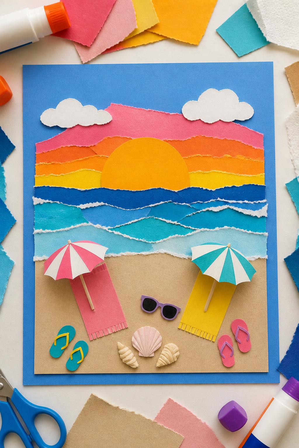 Detailed Image Prompt:
A bright craft photo showing a last beach day paper collage, blue cardstock background with torn paper waves, tan paper sand, paper towels, tiny beach umbrellas, flip-flops, shells, sunglasses, and sunset colors, glue sticks and paper scraps arranged nearby, cute summer ending theme, clean editorial craft image, no people, no faces, no readable text, no watermark on images.