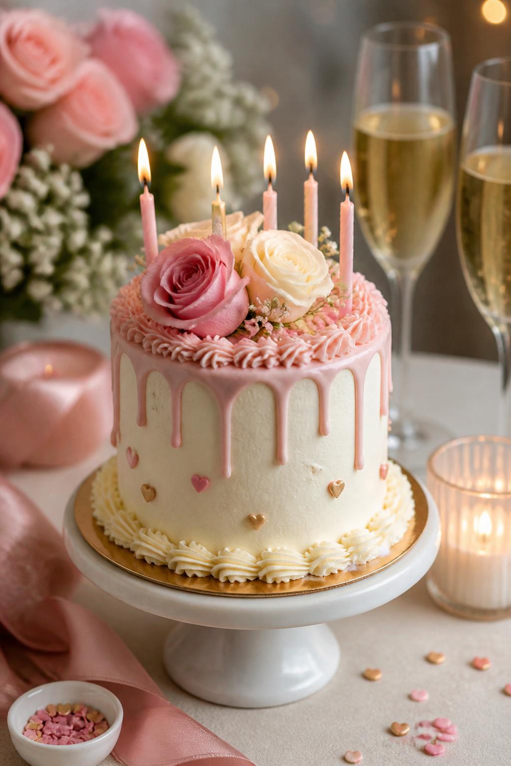 Image Prompt: A cute mini anniversary cake with smooth white buttercream, a neat pink or gold drip, tiny heart sprinkles, soft roses, and delicate piped edging. Style it on a small cake stand with candles, ribbon, and champagne glasses nearby. Make it sweet, modern, and realistic, no people, no faces, no text overlay, no watermark. (no watermarks on images)