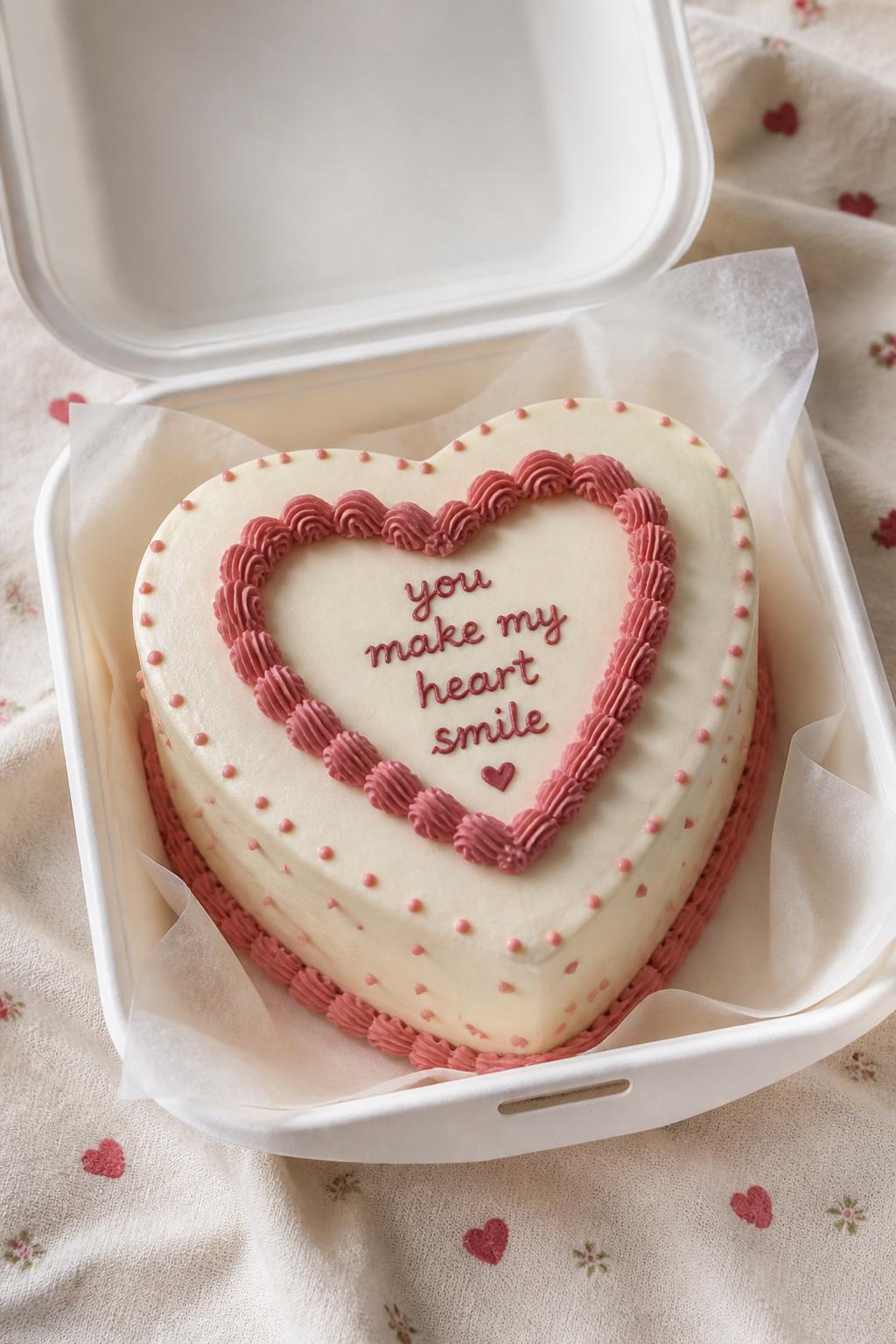 Image Prompt:
A creative heart shaped bento cake inside an open white cake box, smooth cream frosting, a smaller piped heart frame in red or pink icing centered on top, neat message inside the heart, tiny dot border, soft romantic styling, realistic dessert photography, no people, no hands, no faces, no watermarks on images