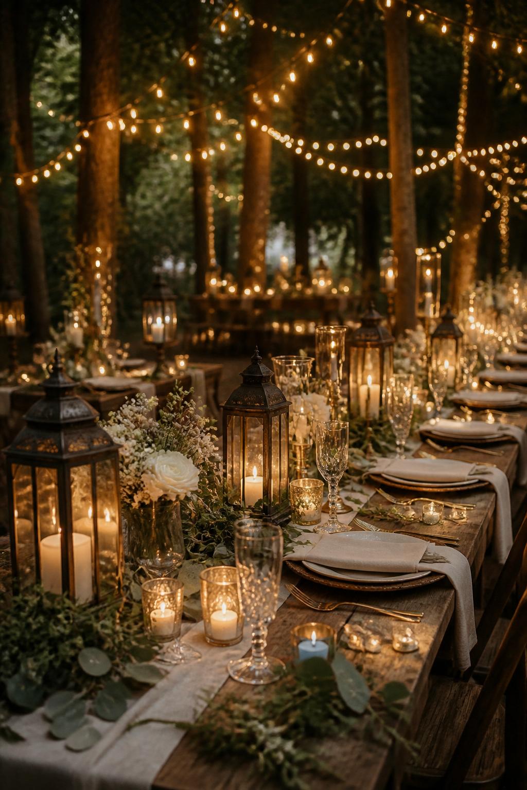 A romantic forest wedding table photo showing a long reception table decorated with black or antique brass lanterns, small glass votives, soft greenery, cream flowers, and neutral place settings. The scene is set in a forest reception space with warm evening lighting and a magical woodland mood. No visible faces, no text, no watermark, high-quality editorial wedding photography.