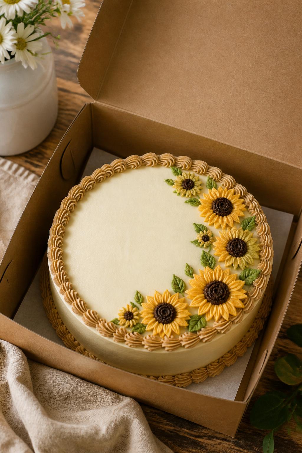 Image Prompt:
A rustic sunflower bento cake inside an open kraft cake box, smooth ivory frosting, small sunflower clusters along one side, soft brown piped border, tiny green leaves, natural linen cloth nearby, warm farmhouse-inspired dessert styling, realistic close-up bakery photography, no people, no hands, no faces, no watermarks on images