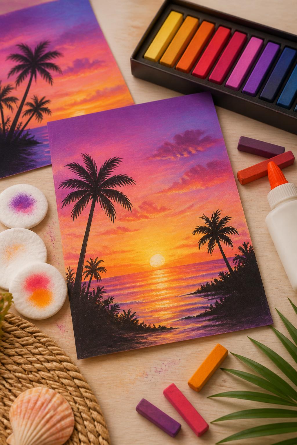 Detailed Image Prompt:
A soft summer art photo showing chalk pastel sunset drawings, paper filled with blended sunset colors in orange, pink, purple, and yellow, black paper palm tree silhouettes, cotton pads, chalk pastels, and glue nearby, warm tropical summer mood, clean editorial craft table, no people, no faces, no readable text, no watermark on images.