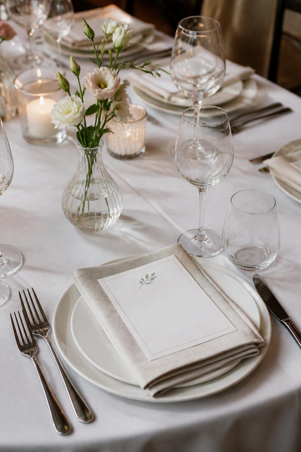 Image Prompt:
A close editorial wedding table photo showing personalized-style menu cards with no readable text, layered white plates, folded linen napkins, clear glassware, polished flatware, a small floral bud vase, and soft candlelight. Civil wedding restaurant reception setting, no visible faces, no watermark, realistic professional photography, (no watermarks on images)