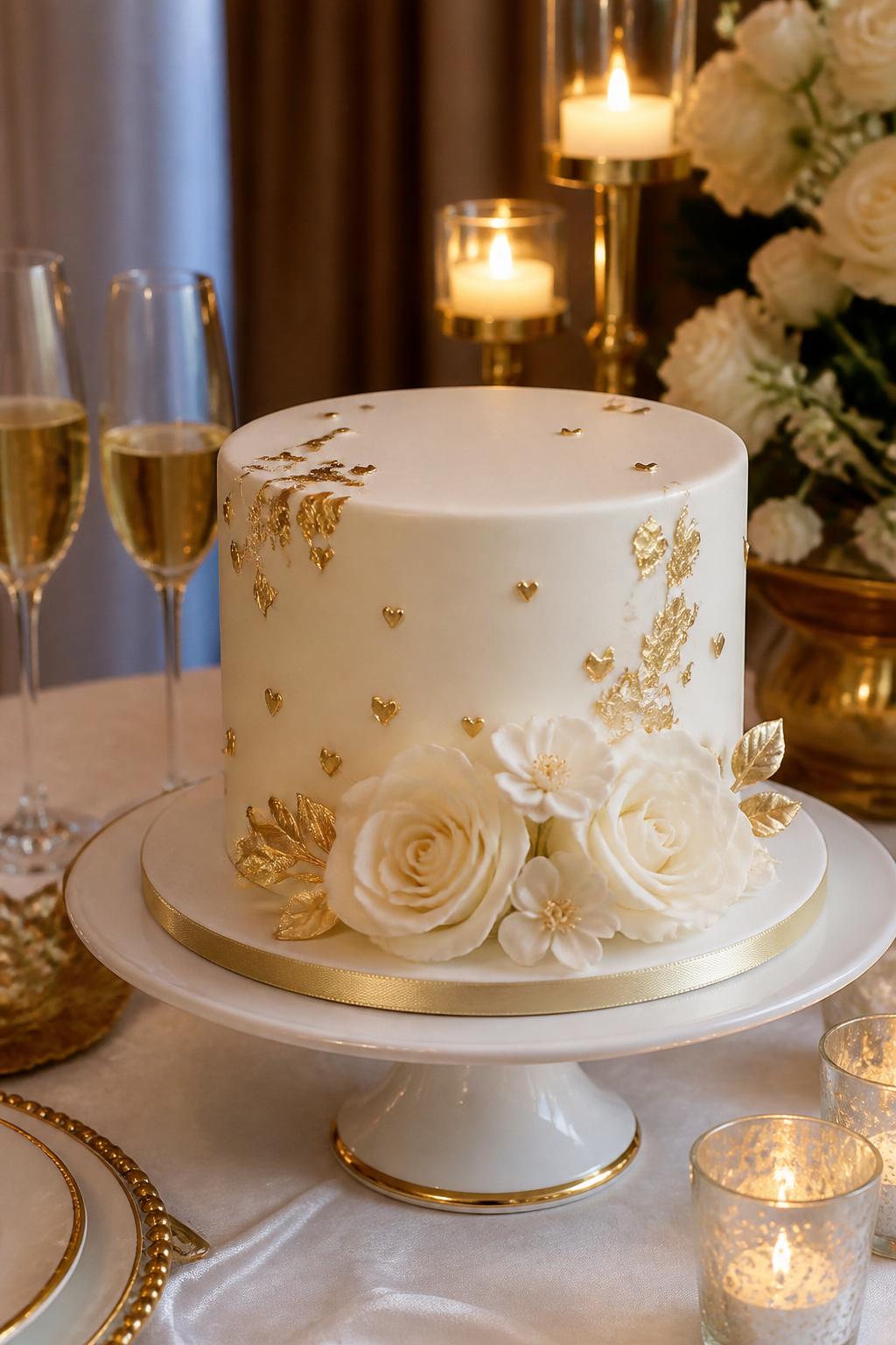 Image Prompt: A refined anniversary cake with smooth white fondant, small edible gold hearts, gold leaf accents, and cream sugar flowers around the base. Style it on a luxury dessert table with gold candle holders, champagne glasses, white linen, and warm light. Make it elegant, romantic, and realistic, no people, no faces, no text overlay, no watermark. (no watermarks on images)