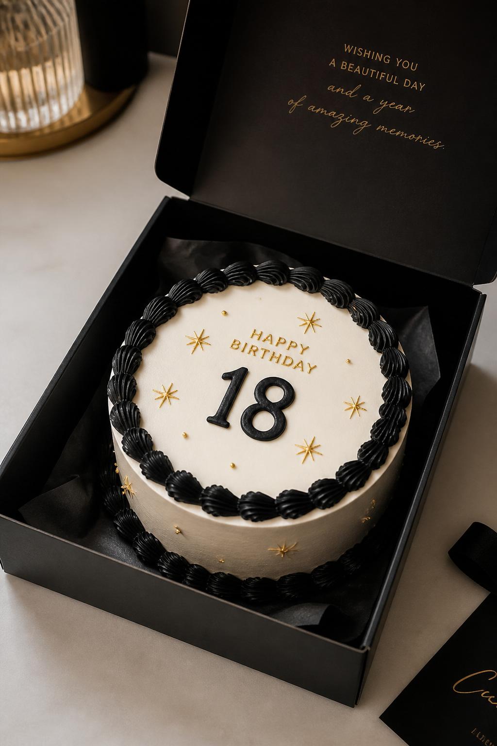 Image Prompt:
A stylish black and gold 18th birthday bento cake inside an open black cake box, smooth ivory frosting, black piped border, subtle gold star accents, bold icing number “18” in black, sleek modern birthday styling, soft studio light, realistic editorial bakery photography, no people, no hands, no faces, no watermarks on images