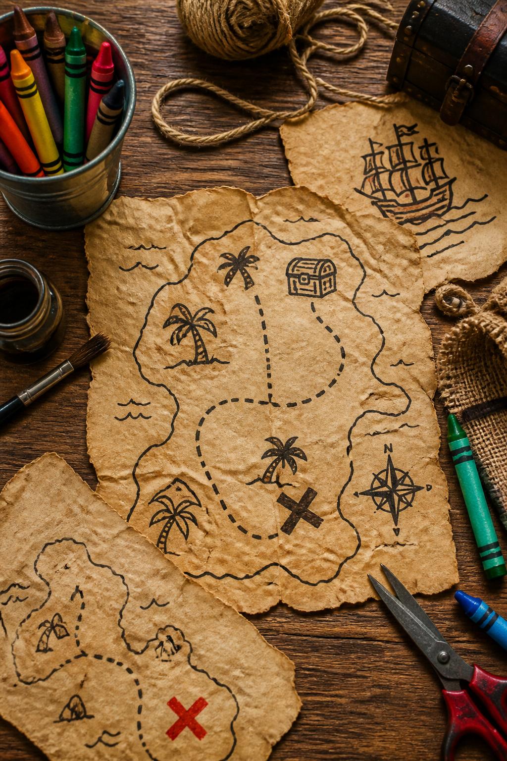 Detailed Image Prompt:
A creative summer craft photo showing handmade pirate treasure maps, tan paper crumpled and flattened to look old, dotted path lines, simple island shapes, palm trees, waves, treasure chest icons, and a bold X mark, arranged with crayons, tea-stained paper effect, and craft supplies on a rustic table, adventurous pirate theme, no people, no faces, no readable words, no watermark on images.