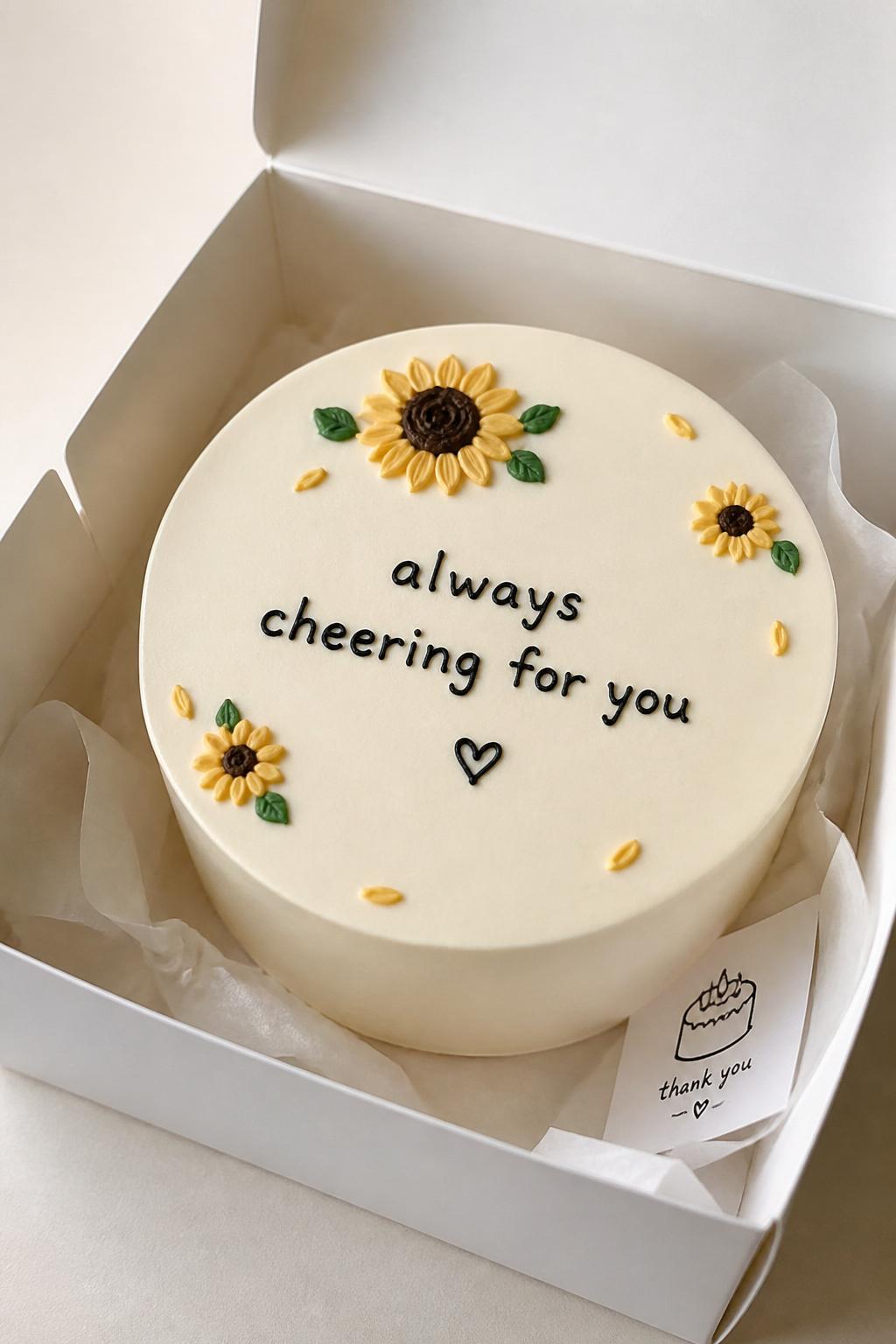 Image Prompt:
A modern Korean style sunflower bento cake in a white cake box, smooth pale cream frosting, clean finish, tiny sunflower doodle detail, simple handwritten icing message, minimal cute styling, soft neutral background, realistic editorial bakery photo, no people, no hands, no faces, no watermarks on images