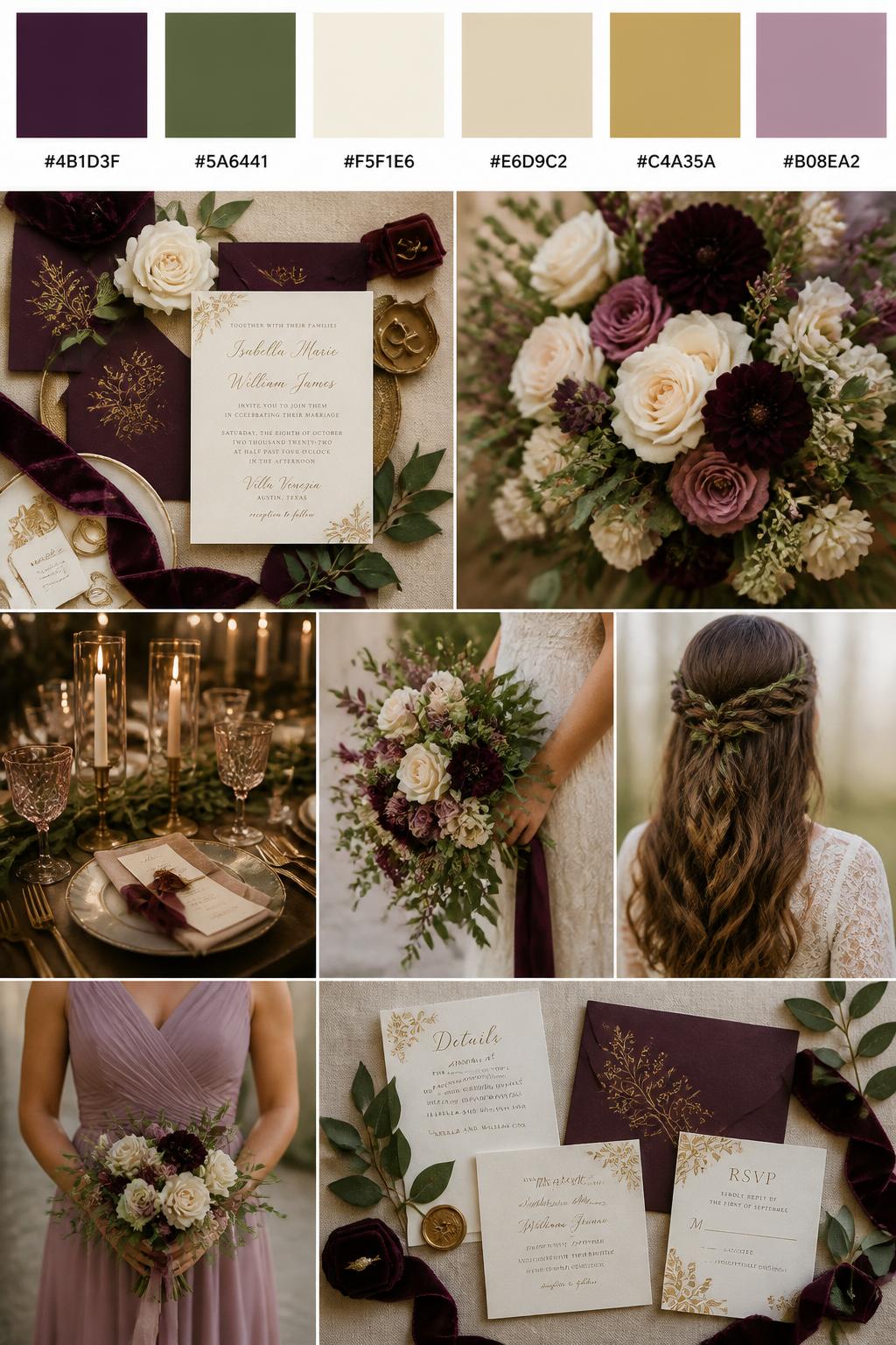 Image Prompt:
A realistic Pinterest-style wedding palette board with a top row of swatches and hex codes in plum, olive green, cream, soft beige, muted gold, and dusty mauve. Below the swatches, create a refined wedding collage with plum velvet ribbon, olive greenery, cream flowers, invitation flat lays, bouquet close-ups, candlelit table details, a side-view bouquet shot, a bridesmaid dress detail cropped below the shoulders, and a no-people styling scene with wedding stationery. Use varied no-face compositions, including hands-only details, back-view styling, side-view crops, and no-people decor scenes. DSLR photo realism, 9:16 vertical format. (no watermarks on images)