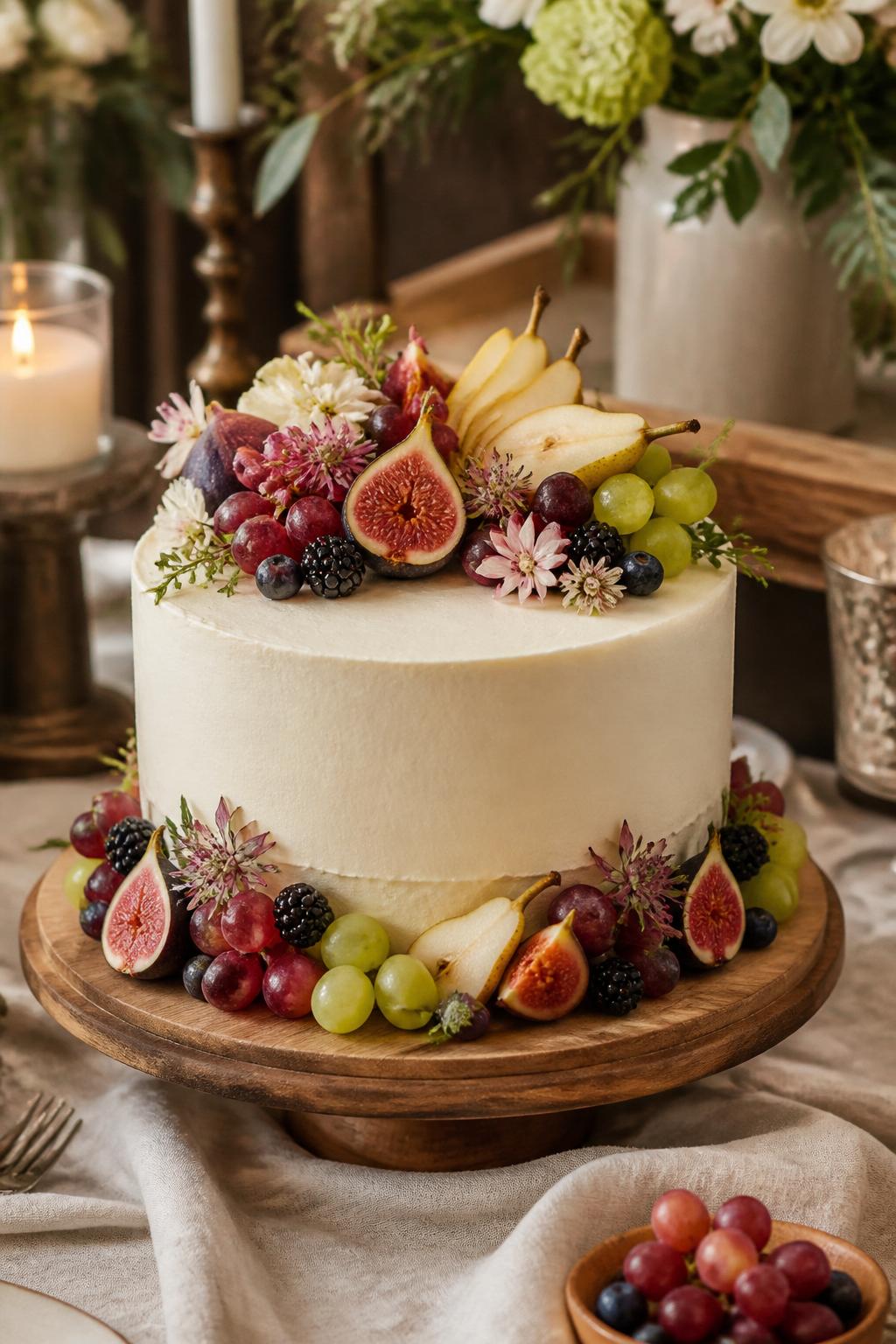 Image Prompt: A fresh anniversary cake with smooth vanilla buttercream, figs, berries, grapes, sliced pears, and small edible flowers arranged on top and around the base. Place it on a rustic-luxury dessert table with linen, candles, and natural wood accents. Make the cake look fresh, romantic, and high-end, with realistic fruit texture, no people, no faces, no text overlay, no watermark. (no watermarks on images)