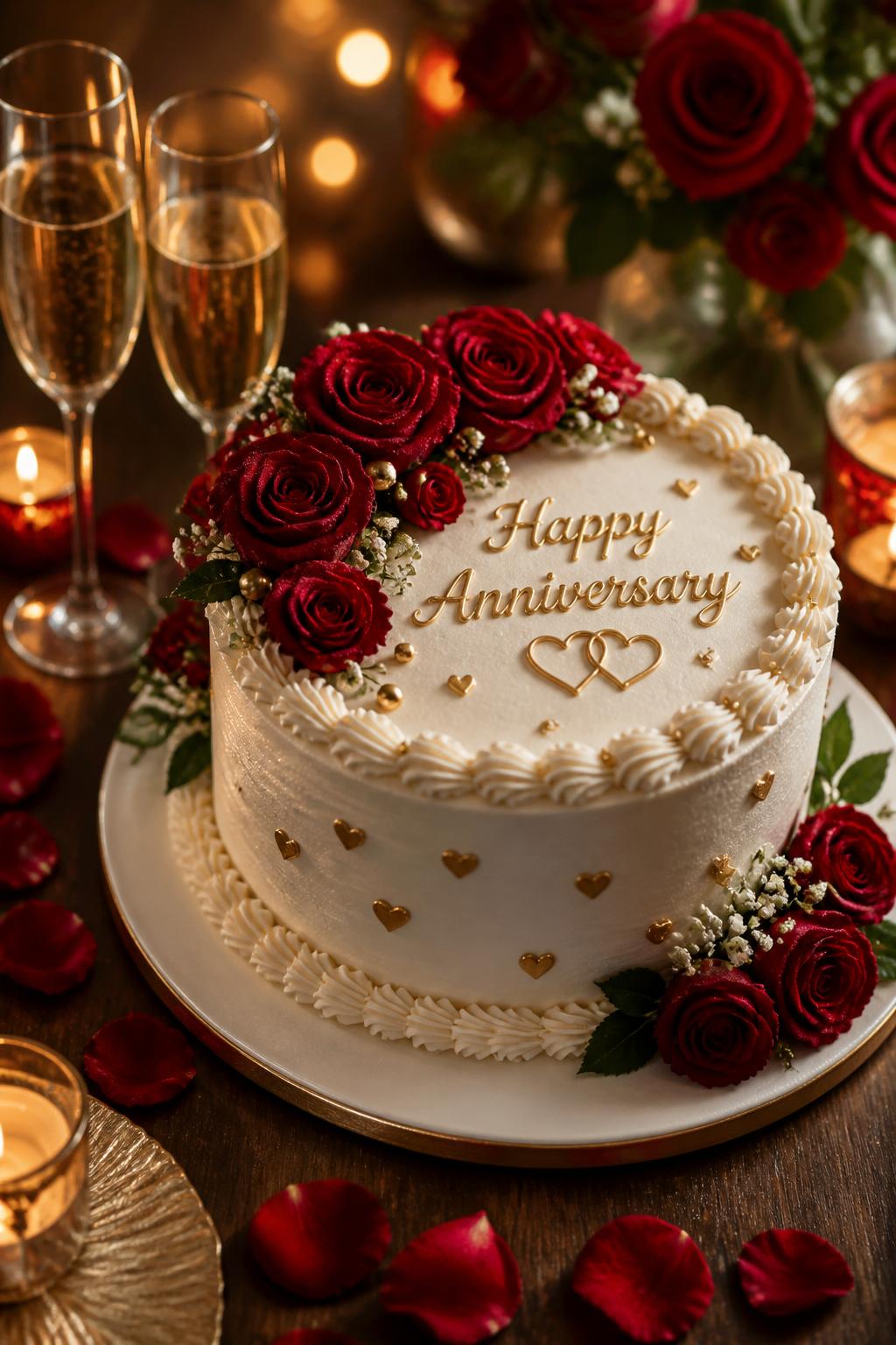 Image Prompt: A romantic wedding anniversary cake with smooth white buttercream, deep red roses arranged on top and around the base, small gold heart details, and elegant piped borders. Style it on a warm dessert table with red rose petals, candles, champagne glasses, and soft evening light. Make it look rich, romantic, and realistic, no people, no faces, no watermark. (no watermarks on images)