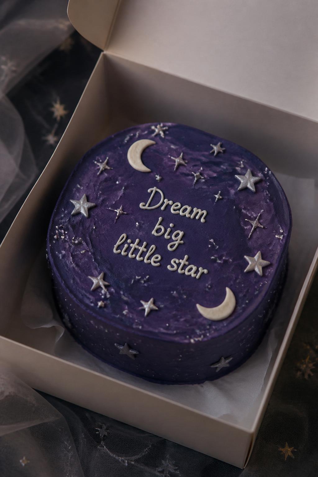 Image Prompt:
A dreamy star themed purple bento cake in a white cake box, deep violet frosting, tiny silver and white star details, crescent moon accents, soft white icing lettering, magical night sky styling, gentle moody light, realistic editorial dessert photography, no people, no hands, no faces, (no watermarks on images)
