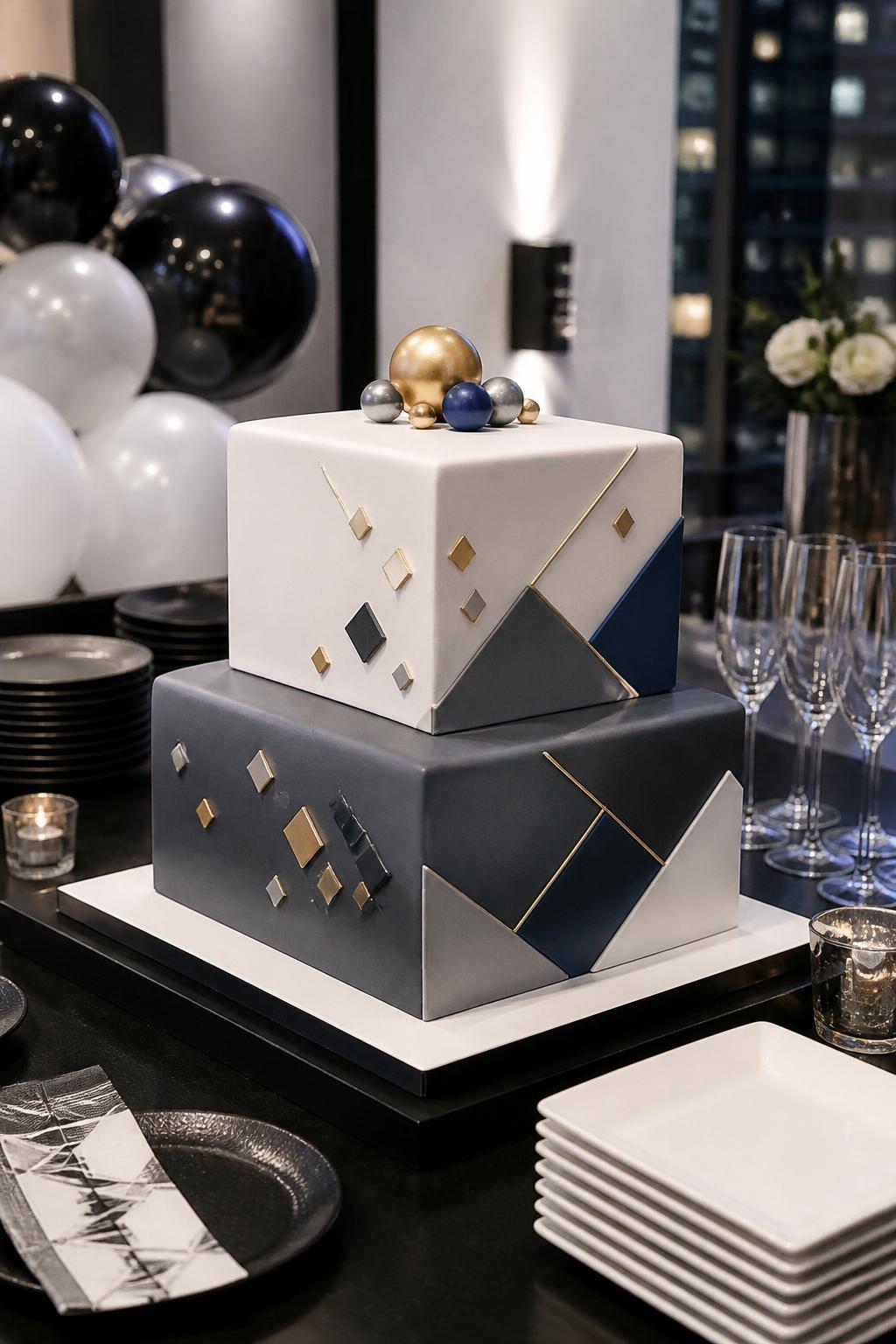 Image Prompt: A modern company anniversary cake with sharp fondant edges, geometric patterns, metallic accents, and a clean neutral color palette with small brand-color details. Place it on a sleek dessert table with modern office event decor, black and white plates, glassware, and soft dramatic lighting. Make it stylish, corporate, and realistic, no people, no faces, no text overlay, no watermark. (no watermarks on images)