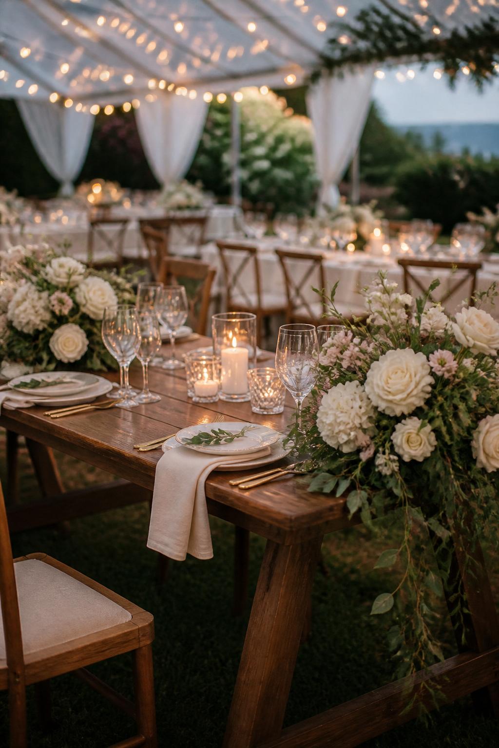A high-end wedding reception photo showing a wooden table with large floral arrangements placed at each end, using white roses, blush flowers, greenery, and trailing stems. The center of the table has candles, elegant place settings, linen napkins, and clear glassware. Refined rustic setting, no visible faces, no full people, no text, no watermark, realistic DSLR wedding photography, (no watermarks on images)