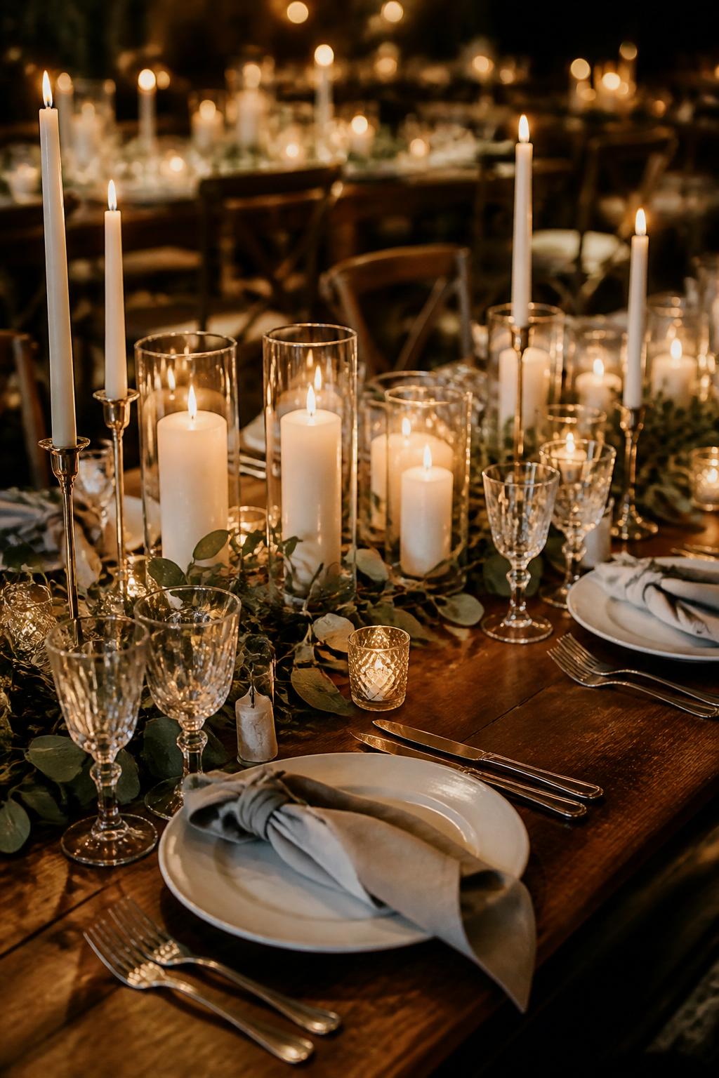 Image Prompt:
A warm editorial wedding reception image showing a wooden farm table decorated with clustered candles in mixed heights, including pillar candles, taper candles, and glass votives, paired with simple greenery sprigs, white plates, neutral napkins, and clear glassware. Cozy evening wedding reception setting, no visible faces, no text, no watermark, realistic DSLR photography, (no watermarks on images)