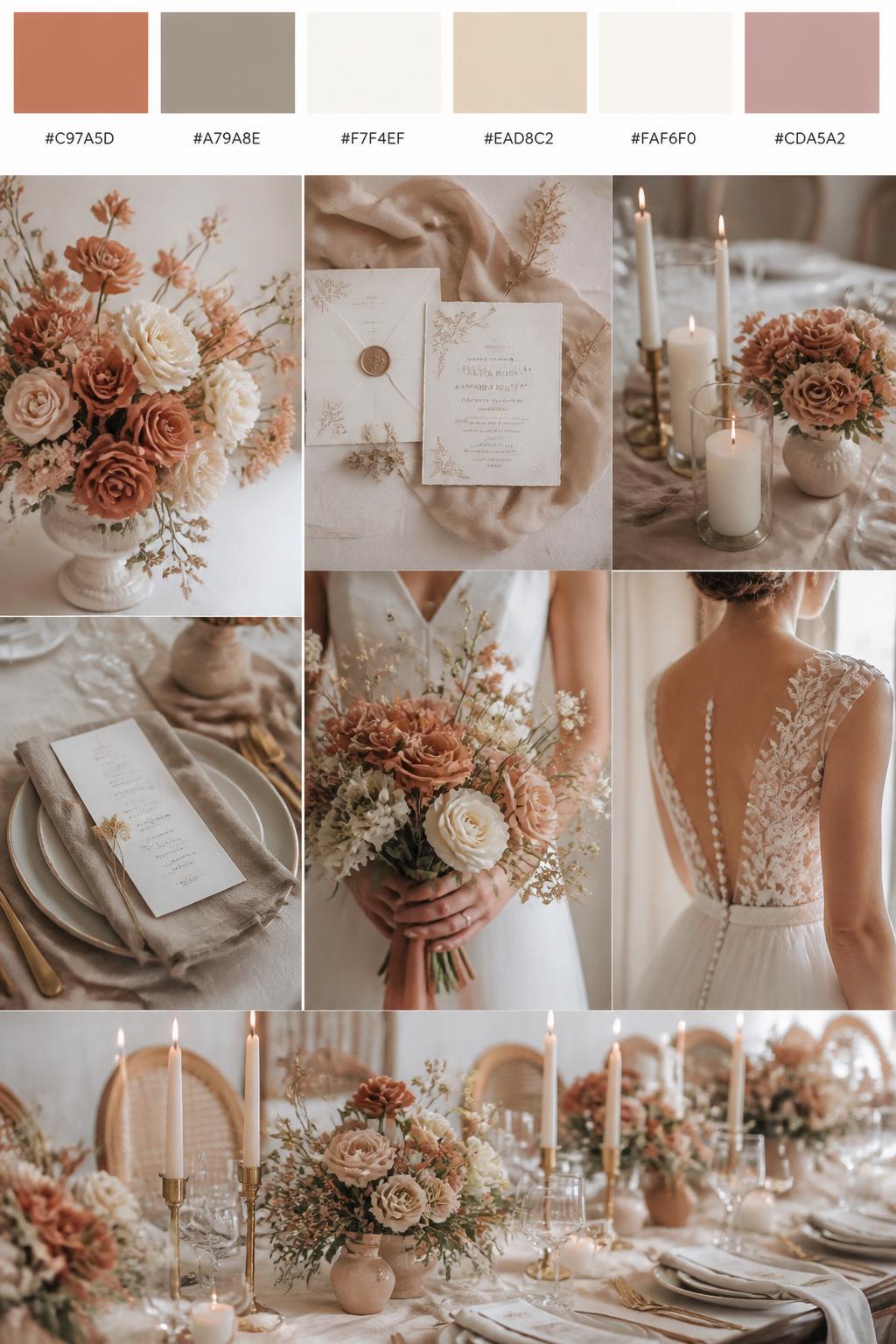 A realistic wedding color scheme mood board with a top swatch strip and small hex codes in soft terracotta, taupe, ivory, warm beige, cream, and dusty rose. Below, create a soft elegant collage of terracotta flowers, taupe linens, ivory candles, airy invitations, hands holding a bouquet, a back-view bridal detail, and a no-people reception table with romantic styling. Use no clear faces and mix detail shots with no-people decor images for variety. The mood should feel calm, soft, and elegant with soft natural light and DSLR-style realism. 9:16 vertical format. (no watermarks on images)