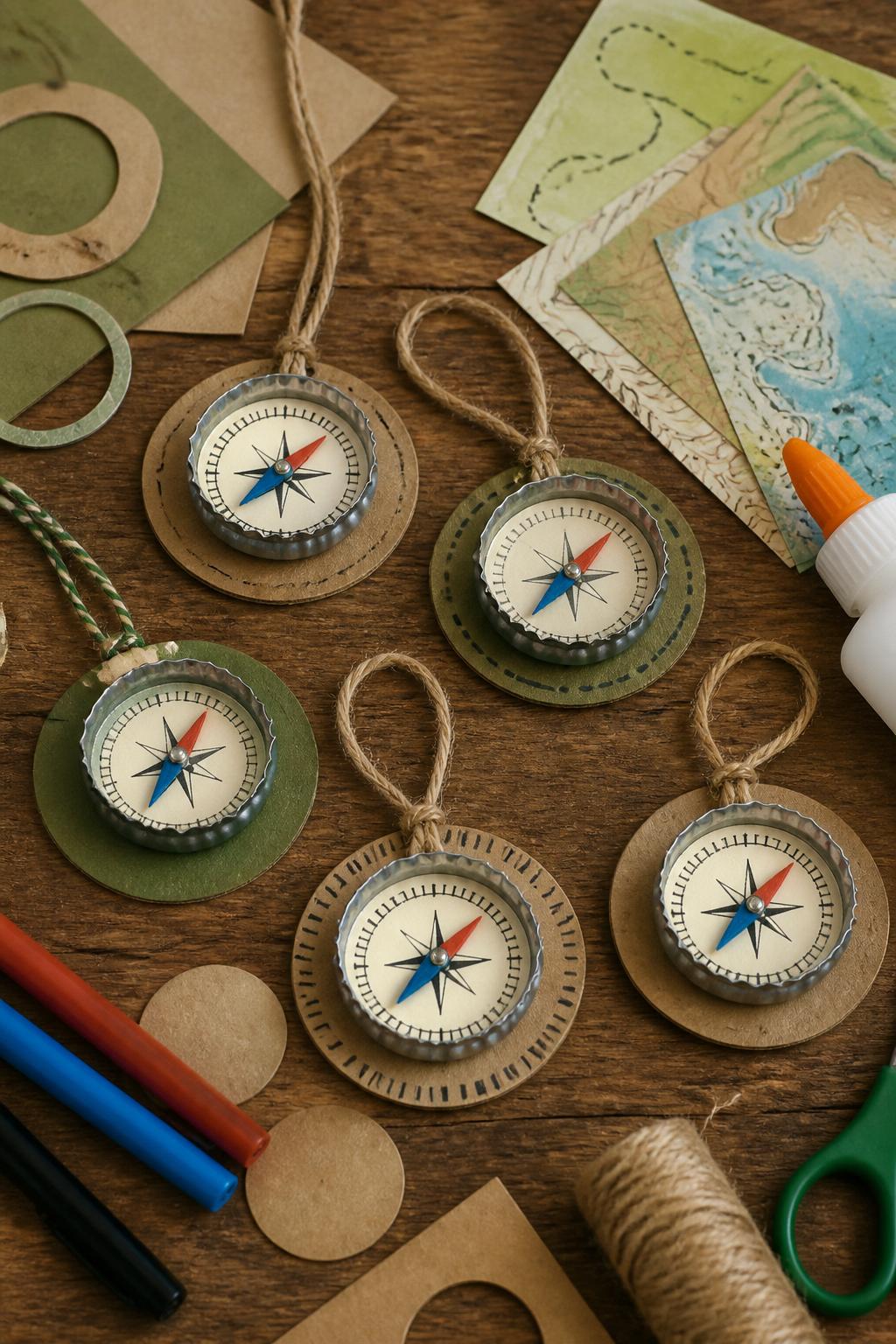 Detailed Image Prompt:
A clever summer camp craft photo showing handmade bottle cap compass crafts, bottle caps decorated with tiny paper compass faces, toothpick needle shapes, cardboard circles, string loops, and map-style paper scraps, arranged on a camp craft table with glue and markers nearby, scout-inspired craft style, no people, no faces, no readable text, no watermark on images.