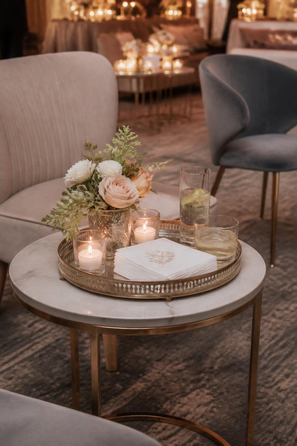 Image Prompt:
A trendy wedding lounge area photo showing a small cocktail table styled with a decorative tray, tiny floral arrangement, clear glasses, cocktail napkins, and soft candlelight. Include elegant lounge chairs nearby, but no visible faces or full people. Modern romantic reception setting, no text, no watermark, realistic editorial wedding photography, (no watermarks on images)