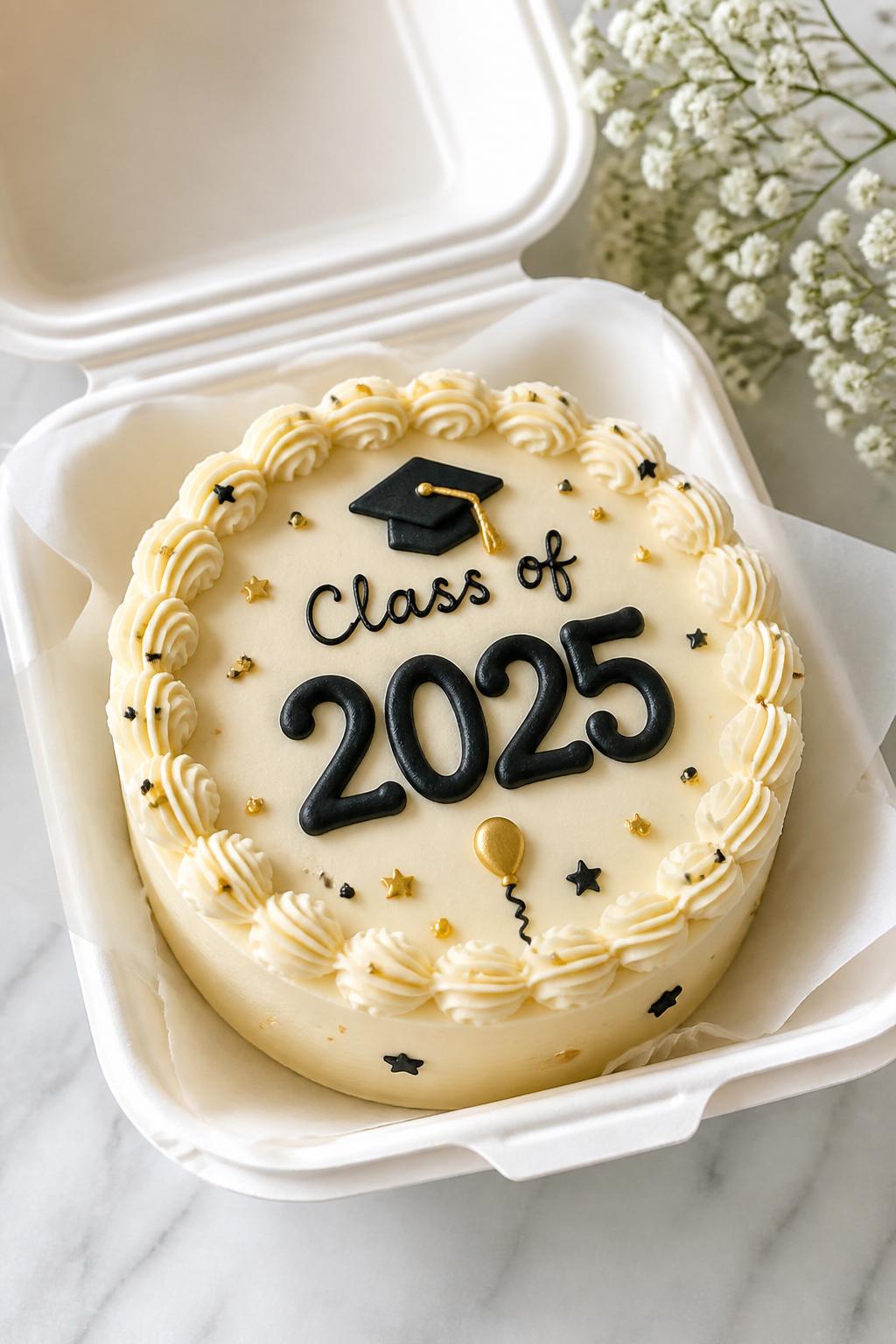 Image Prompt:
A personalized graduation bento cake inside an open white bento cake box, smooth pale buttercream frosting, bold piped numbers showing the graduation year on top, neat border, tiny star and confetti details, clean celebratory styling, bright natural light, realistic editorial dessert photography, no people, no hands, no faces, (no watermarks on images)