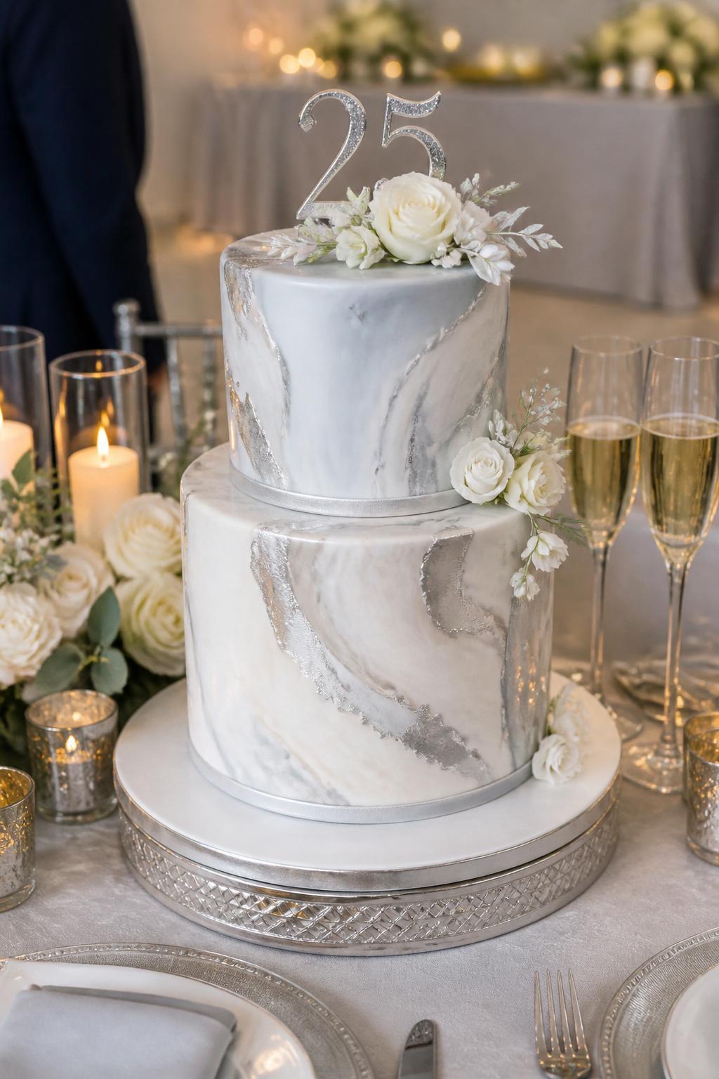Image Prompt: Ultra-realistic 25th wedding anniversary party photo of a modern marble and silver anniversary cake with soft white, gray, and pale beige marbled icing, delicate silver leaf accents, thin silver trim, and a tasteful number "25" topper. Place the cake on a sleek dessert table with candles, neutral florals, champagne glasses, silver tableware, linen, and a softly blurred anniversary dinner backdrop. Keep the cake as the main subject. No visible faces. If people appear, show only cropped torsos, hands, side views, or back views. Realistic marbled texture, subtle silver shine, DSLR editorial event photography. (no watermarks on images)