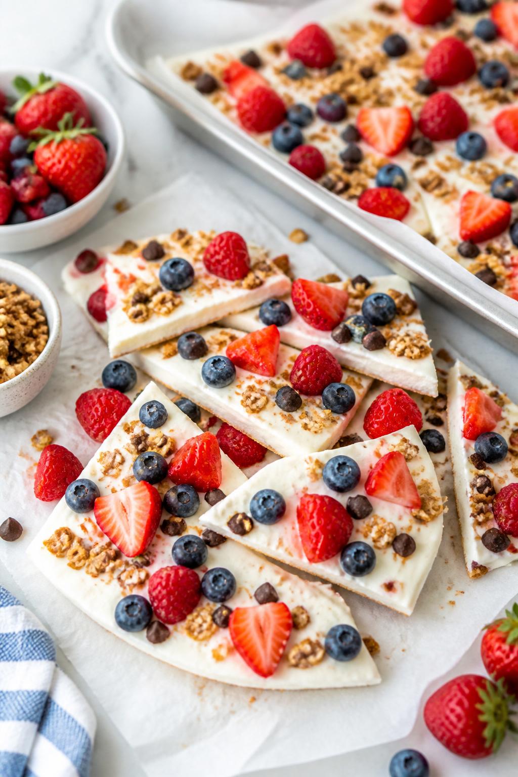 Detailed Image Prompt:
A fresh summer food craft photo showing frozen yogurt berry bark broken into colorful pieces, white yogurt base topped with strawberries, blueberries, raspberries, granola, and small chocolate chips, parchment-lined tray nearby, bright kitchen styling, chilled summer snack look, no people, no faces, no readable text, no watermark on images.