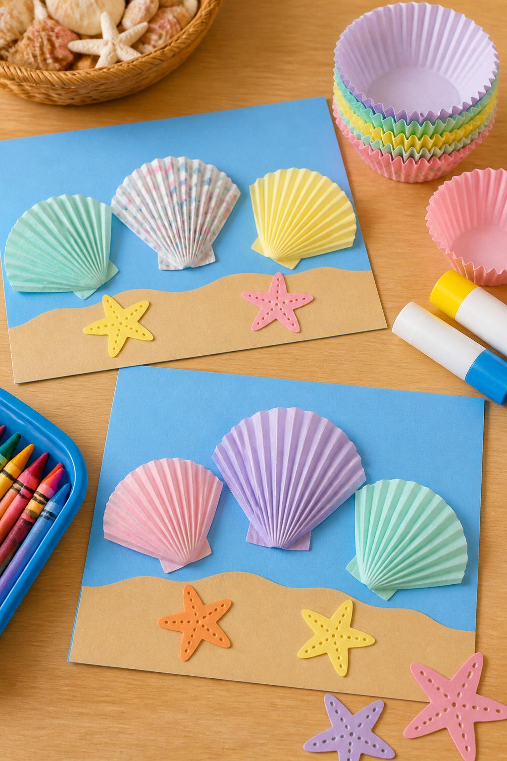 Detailed Image Prompt:
A sweet beach-themed daycare craft photo showing cupcake liner seashell crafts, folded pastel cupcake liners shaped like shells and glued onto blue cardstock, tan paper sand, small paper starfish, glue sticks, and crayons nearby, simple preschool ocean craft styling, soft summer colors, no people, no faces, no readable text, no watermark on images.