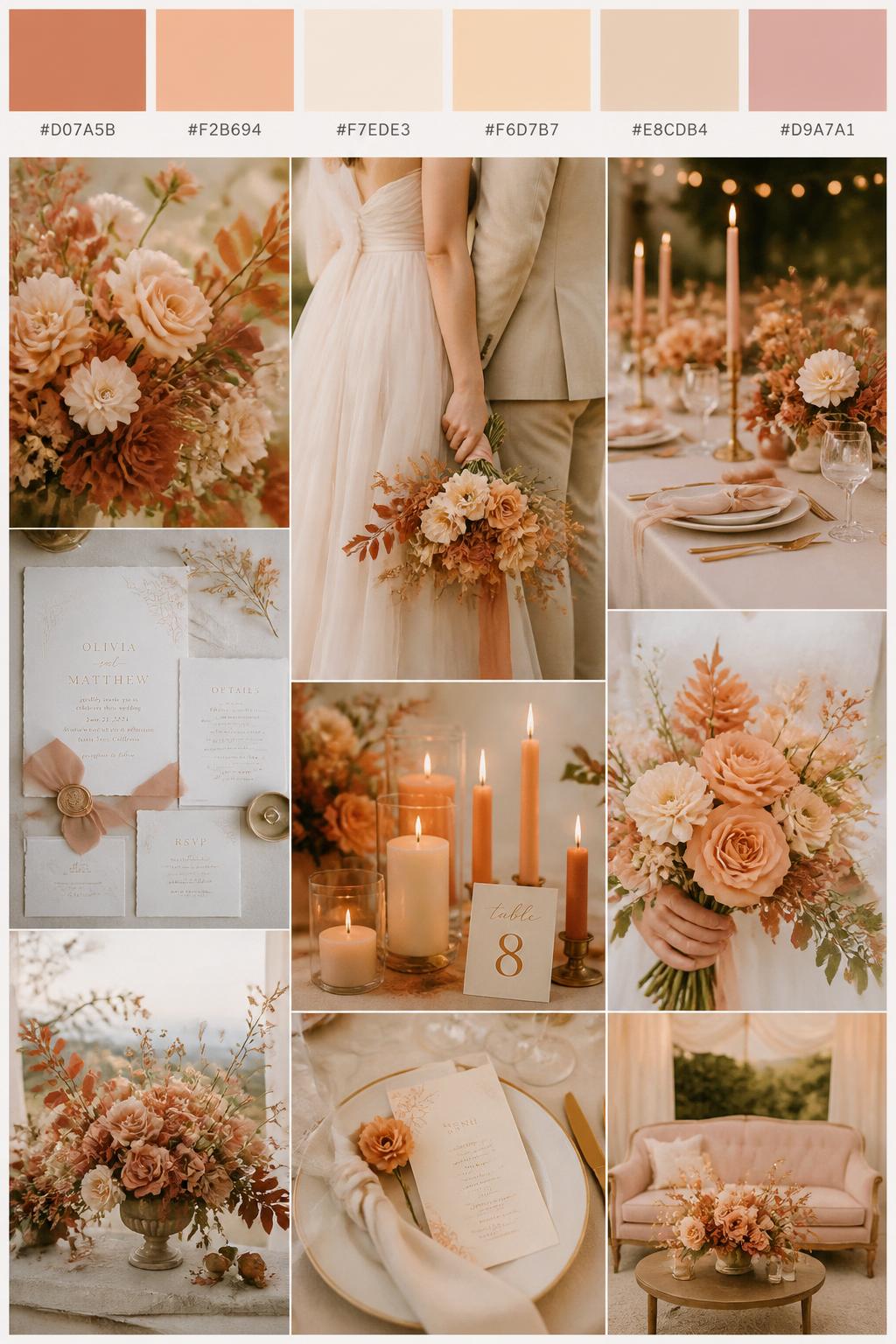 A realistic wedding palette mood board in a polished Pinterest collage layout. Include a top strip of color swatches with hex codes in soft terracotta, peach, cream, pale apricot, warm beige, and dusty blush. Below, show a soft collage with peach flowers, terracotta floral accents, cream table styling, invitation flat lays, candlelit details, a side-view cropped couple shot with no faces visible, bouquet close-ups, and softly lit decor scenes. Keep variety in the compositions with no full faces, using back views, hands-only images, and no-people styling scenes. The mood should feel warm, sweet, and romantic with real DSLR photo quality. 9:16 vertical format. (no watermarks on images)
