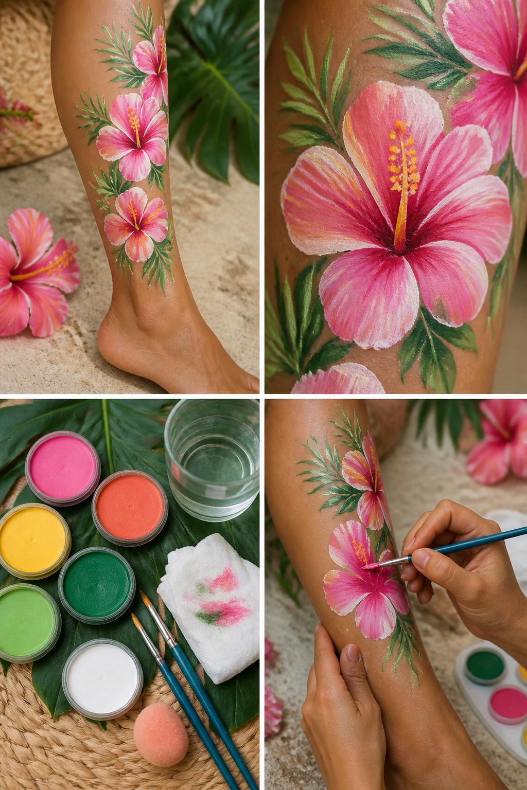 Detailed Image Prompt:
A realistic editorial 2x2 collage grid showing tropical hibiscus leg painting, top-left finished design with large pink hibiscus flowers, green leaves, and yellow flower centers on the calf, top-right close-up of hibiscus petals and leaf details, bottom-left flat lay of skin-safe pink, coral, yellow, green, and white body paint, fine brushes, sponge, wipes, and water cup, bottom-right cropped hands painting a hibiscus petal on the lower leg, tropical summer craft setting, no faces, no text, no watermark on images.