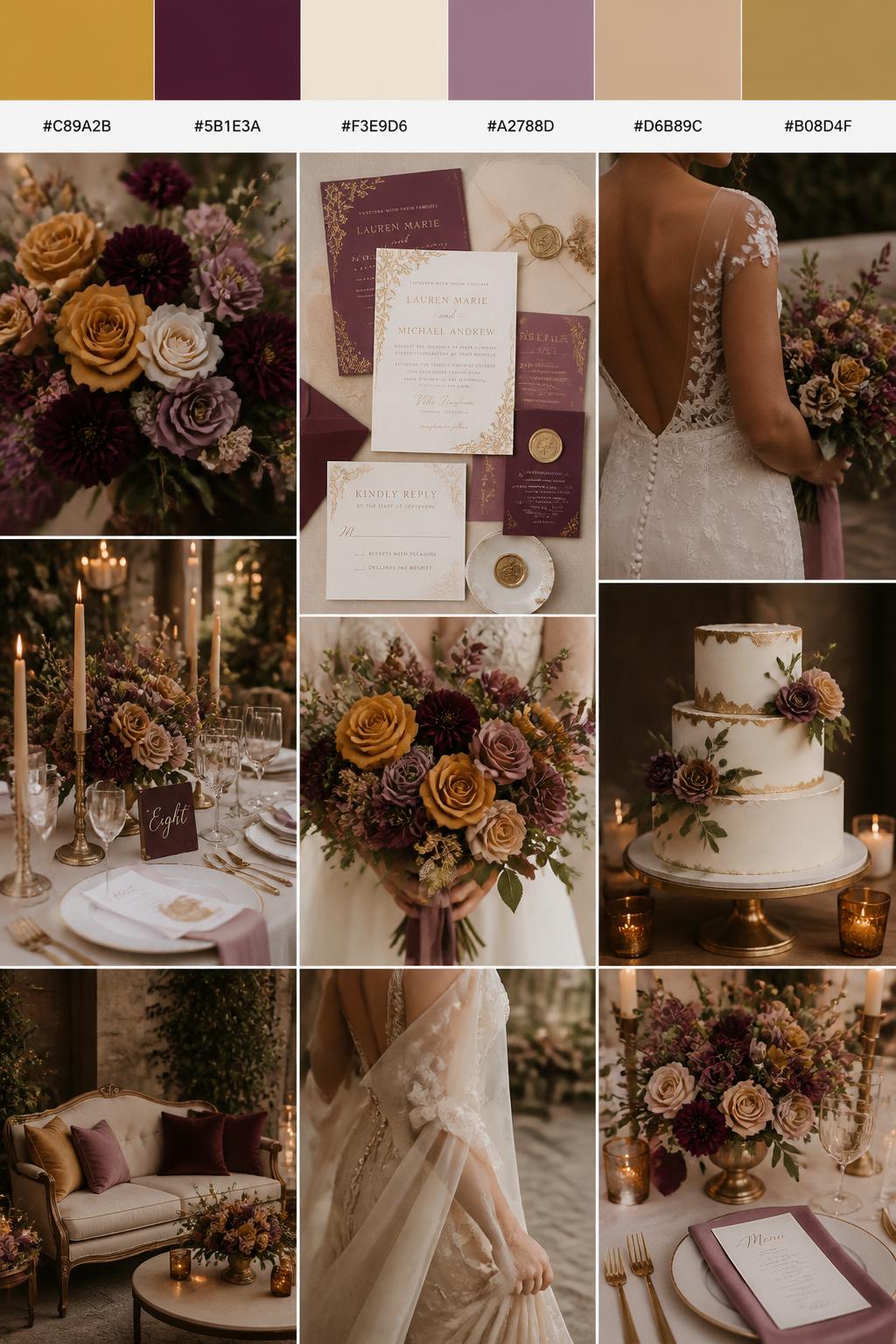 A realistic wedding inspiration collage with a top color strip showing hex-coded swatches in ochre yellow, plum, cream, dusty mauve, warm beige, and muted gold. Below the palette strip, create a realistic wedding mood board with ochre flowers, plum blooms, cream linens, invitation flat lays, cropped dress detail shots, hands holding a bouquet, and no-people decor scenes in warm romantic light. Use back views, side views, shoulder-down crops, and detail-only shots so no full faces are visible. The mood should feel rich, warm, romantic, and polished with DSLR-style realism. 9:16 vertical format. (no watermarks on images)