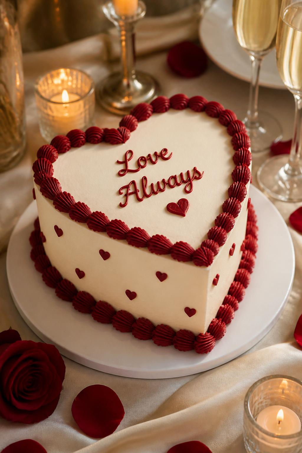 Image Prompt: A romantic red heart anniversary cake with smooth white buttercream, deep red piped hearts, delicate shell borders, and a small “Love Always” message on top. Style it on a small dessert table with red rose petals, soft candlelight, champagne glasses, and cream linen. Use realistic buttercream texture, editorial food photography, no people, no faces, no watermark. (no watermarks on images)