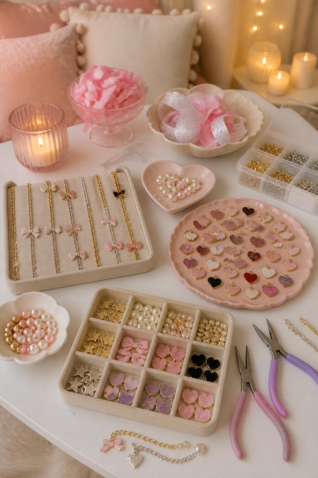 Detailed Image Prompt:
A cute editorial-style girls’ night craft table showing a charm bracelet-making setup, gold and silver bracelet chains, colorful enamel charms, pearl beads, heart charms, bow charms, star charms, small pliers, bead trays, and ribbon bowls arranged neatly on a white table, soft warm indoor lighting, stylish sleepover craft mood, no people, no faces, no readable text, no watermark on images.
