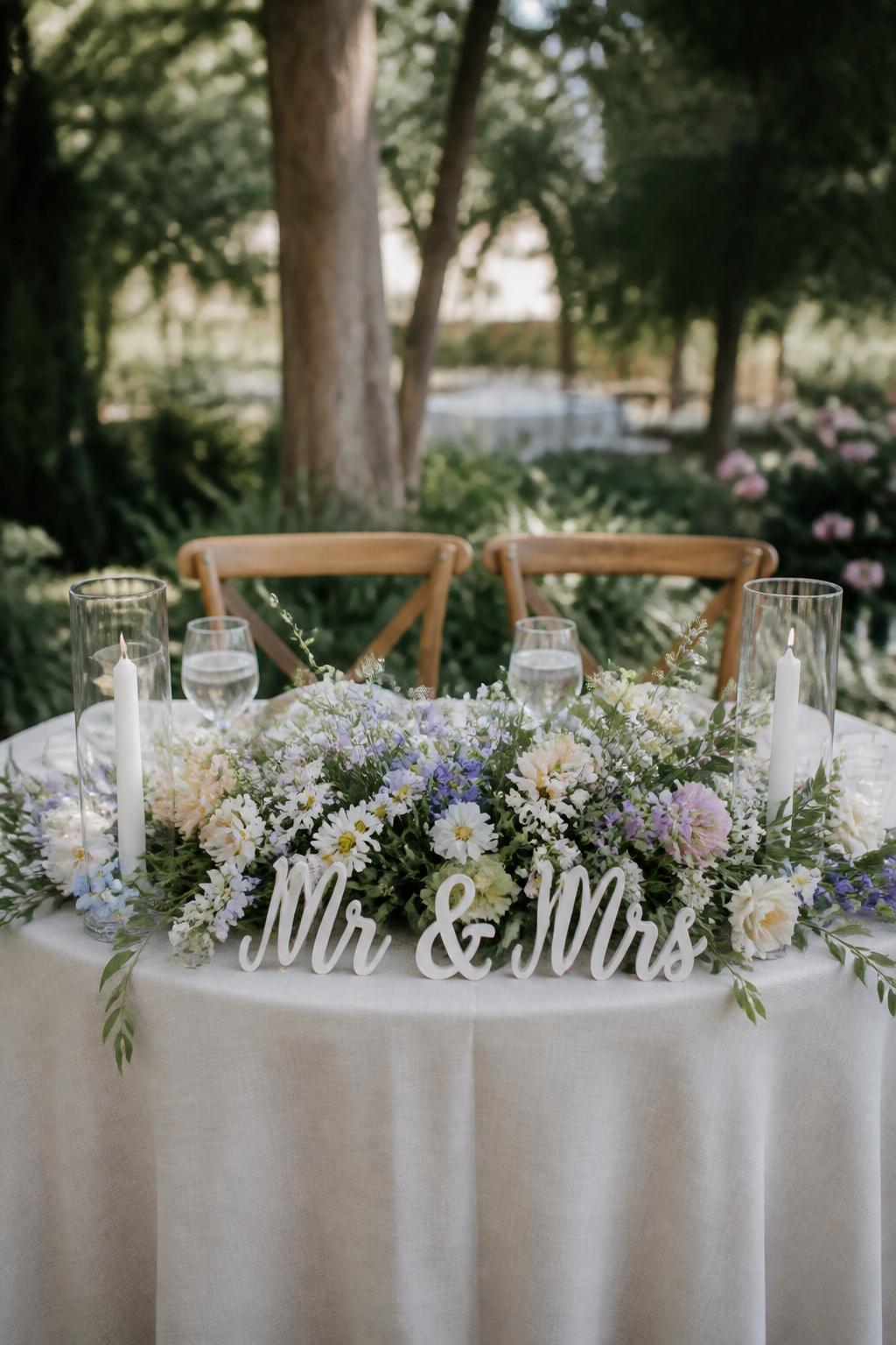 Image Prompt:
A pretty garden wedding sweetheart table styled with a small Mr and Mrs sign, loose wildflower arrangements in white, lavender, blush, pale yellow, and soft blue, natural linen, clear glasses, taper candles, and greenery. Outdoor garden reception setting with soft light, no visible faces, no watermark, realistic editorial wedding photo.