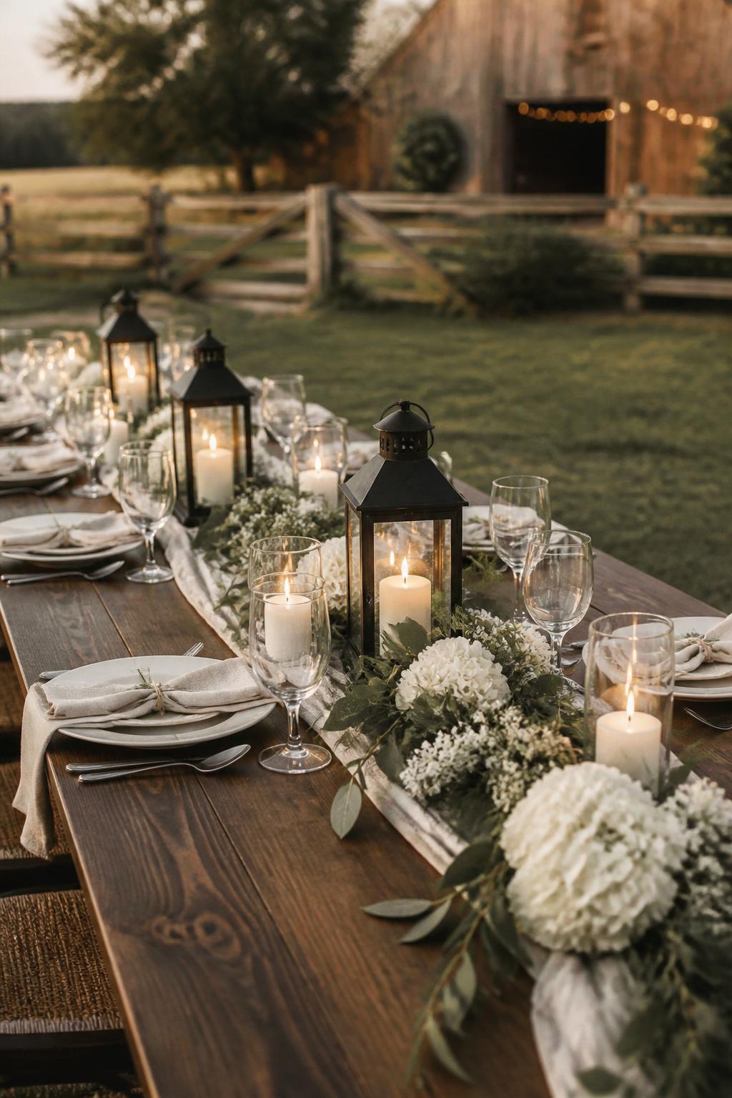 Image Prompt:
A rustic elegant wedding picnic table featuring small black or antique brass lanterns, white flowers, greenery, ivory candles, linen napkins, white plates, and clear glassware. Outdoor countryside or barn wedding setting with warm evening light, no visible faces, no text, no watermark, realistic DSLR editorial photography, (no watermarks on images)