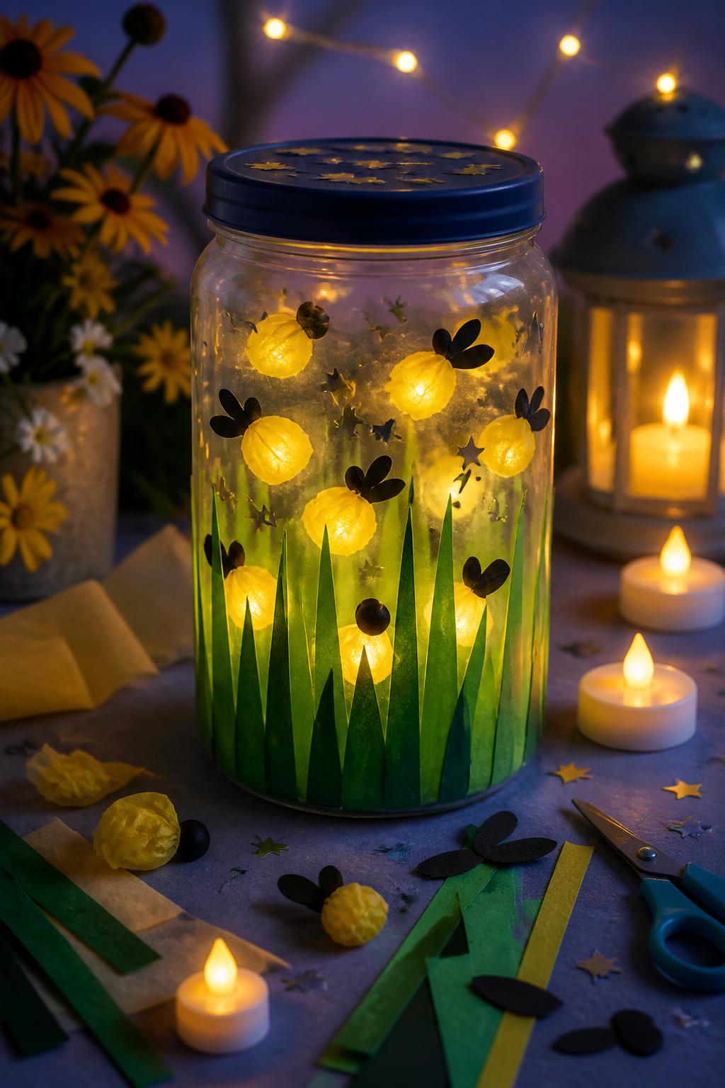Detailed Image Prompt:
A magical summer craft photo of a handmade firefly glow jar, clear plastic jar filled with yellow tissue paper fireflies, paper grass, tiny star stickers, and safe battery tea lights nearby, placed on a twilight-style craft table with soft warm lighting, whimsical summer night feel, no children, no faces, no text, no watermark on images.