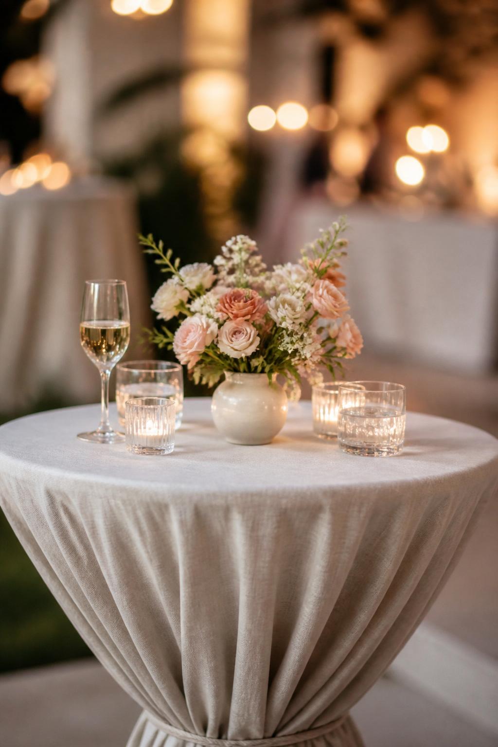 Image Prompt:
A classy wedding cocktail table styled with a small ceramic vase filled with mini flowers in ivory, blush, peach, and soft greenery. Add a neutral linen cloth, clear drink glasses, and warm elegant reception lighting. No visible faces, no full people, no text, no watermark, professional editorial wedding photography, (no watermarks on images)