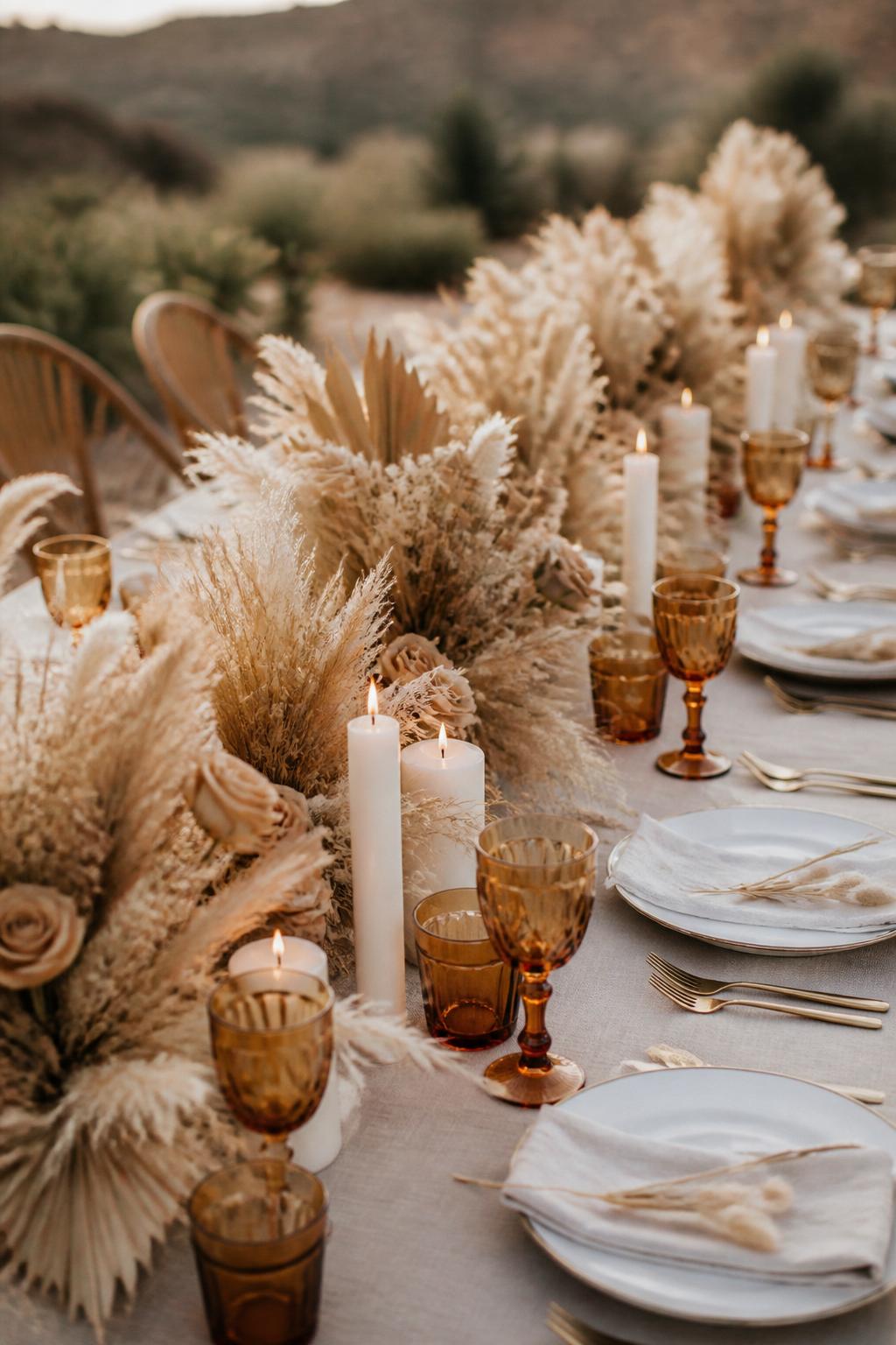 Image Prompt:
A beautiful boho wedding reception photo showing a long table with a dried flower runner made of pampas grass, bunny tails, preserved palms, beige roses, and soft neutral blooms. Add ivory candles, natural linen, white plates, and amber glassware. Warm desert-inspired or outdoor wedding setting, no visible faces, no full people, no text, no watermark, realistic DSLR wedding photography, (no watermarks on images)