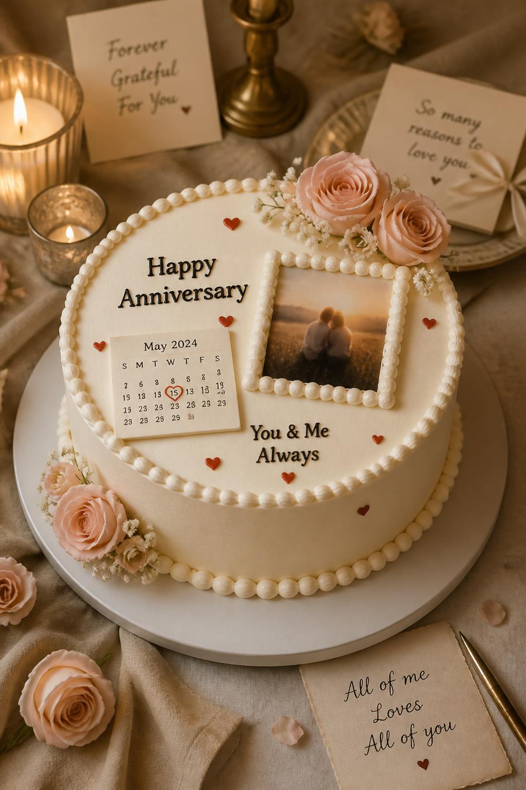 Image Prompt: A personalized anniversary cake with smooth ivory buttercream, a small edible calendar date detail, one framed edible photo, tiny red hearts, pearl borders, and soft blush flowers. Style it on a romantic dessert table with candles, folded love notes, and neutral linen. Make the photo softly blurred with no clear visible faces, realistic, sentimental, no people, no faces, no watermark. (no watermarks on images)