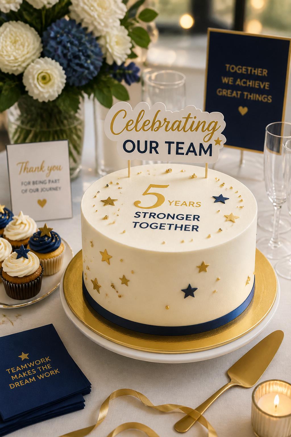 Image Prompt: A warm company anniversary cake with smooth white buttercream, small edible stars, gold accents, a tasteful “Celebrating Our Team” style topper, and subtle brand-color details. Style it on an office celebration table with cupcakes, flowers, glassware, and soft event lighting. Make it cheerful, polished, and realistic, no people, no faces, no watermark. (no watermarks on images)