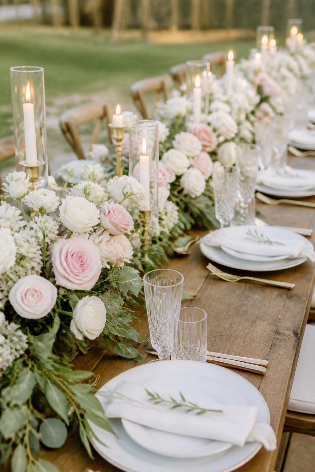Image Prompt:
A romantic farm table wedding setup with a lush floral garland running down a long wooden table, using blush roses, ivory ranunculus, white flowers, soft greenery, gold candle holders, white plates, linen napkins, and clear crystal glasses. Romantic countryside reception setting, no visible faces, no text, no watermark, professional DSLR wedding photography, (no watermarks on images)